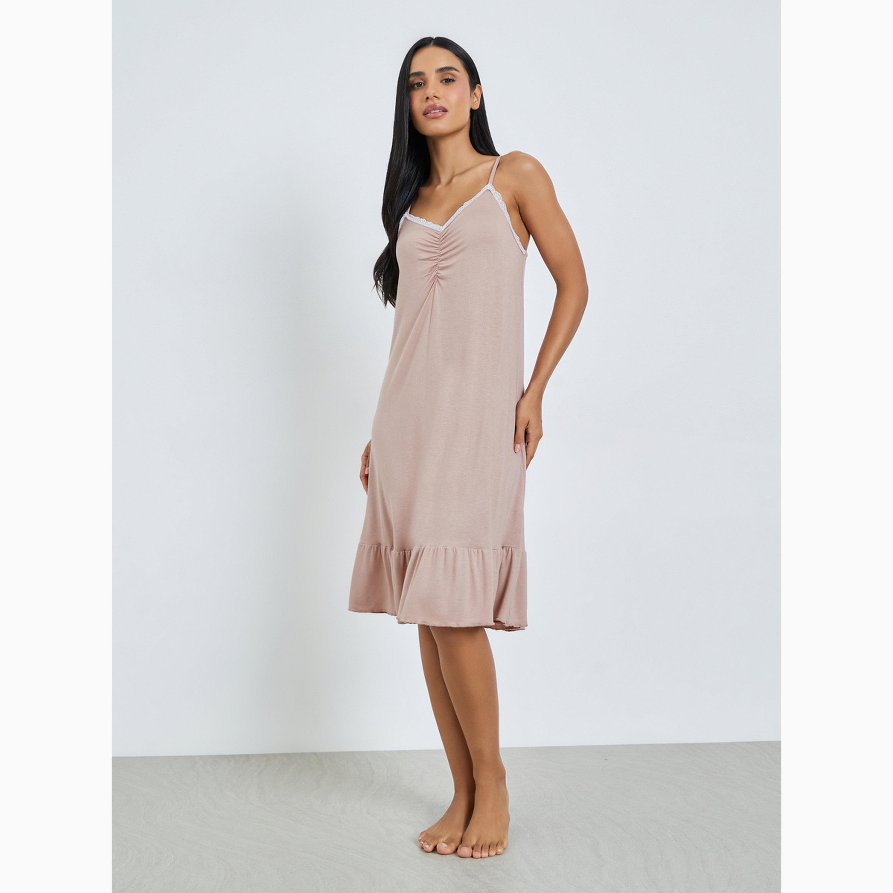 Styli Pink Contrast Lace Trim Ruffle Hem Slip Dress-women-clothing-nightwear-nighties-image-2