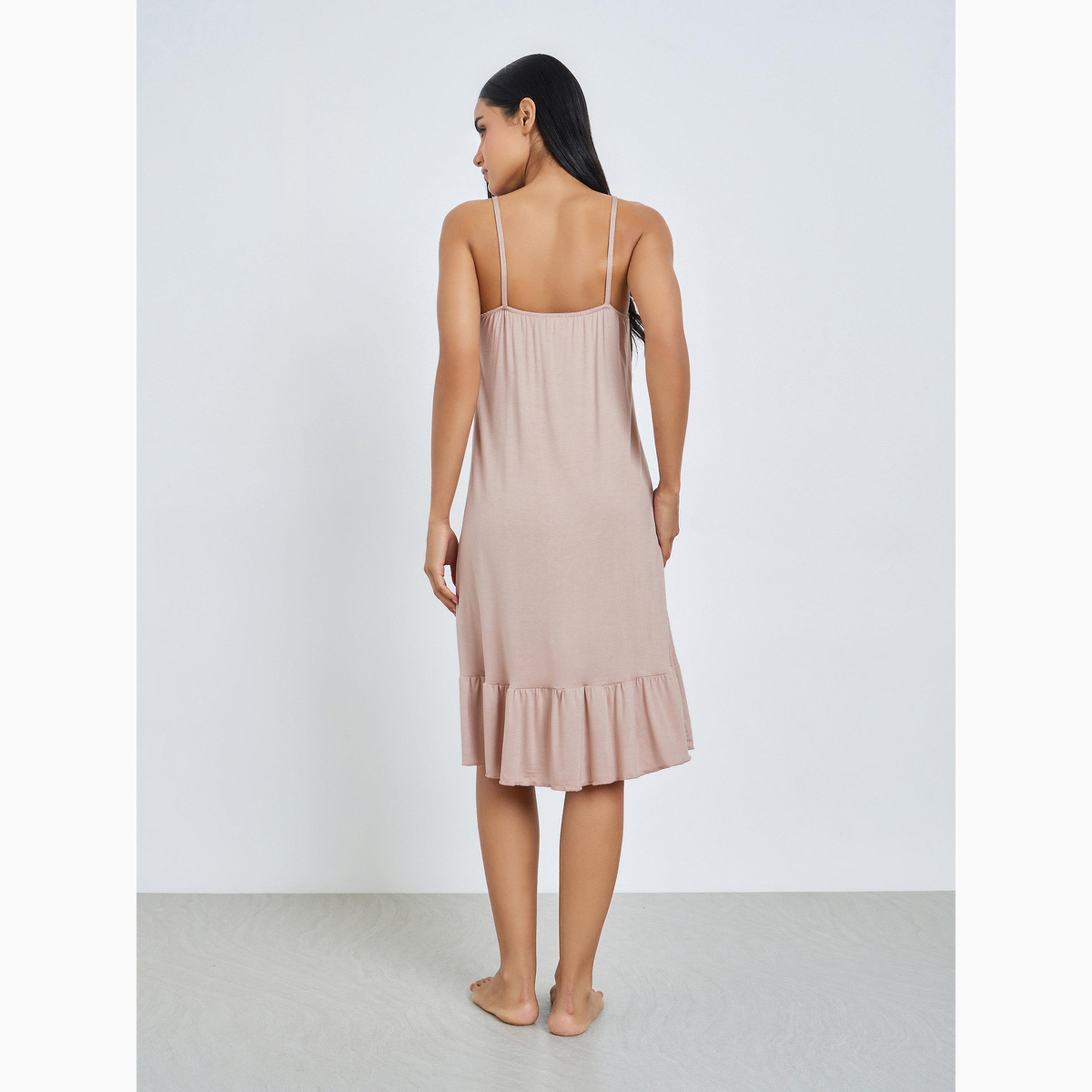 Styli Pink Contrast Lace Trim Ruffle Hem Slip Dress-women-clothing-nightwear-nighties-image-4