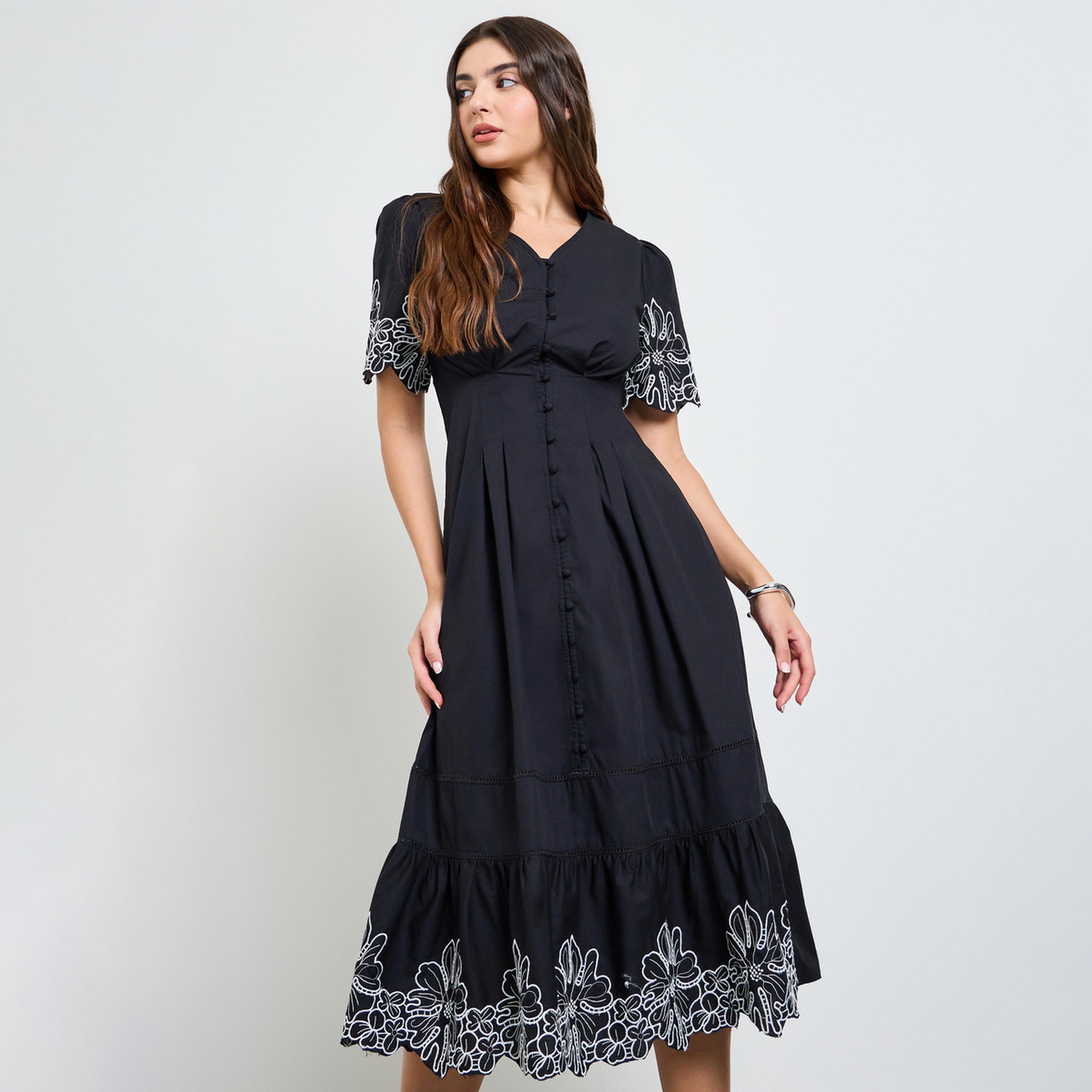 Styli Black Contrast Embroidered A-Line Midi Dress-women-clothing-dresses-image-1