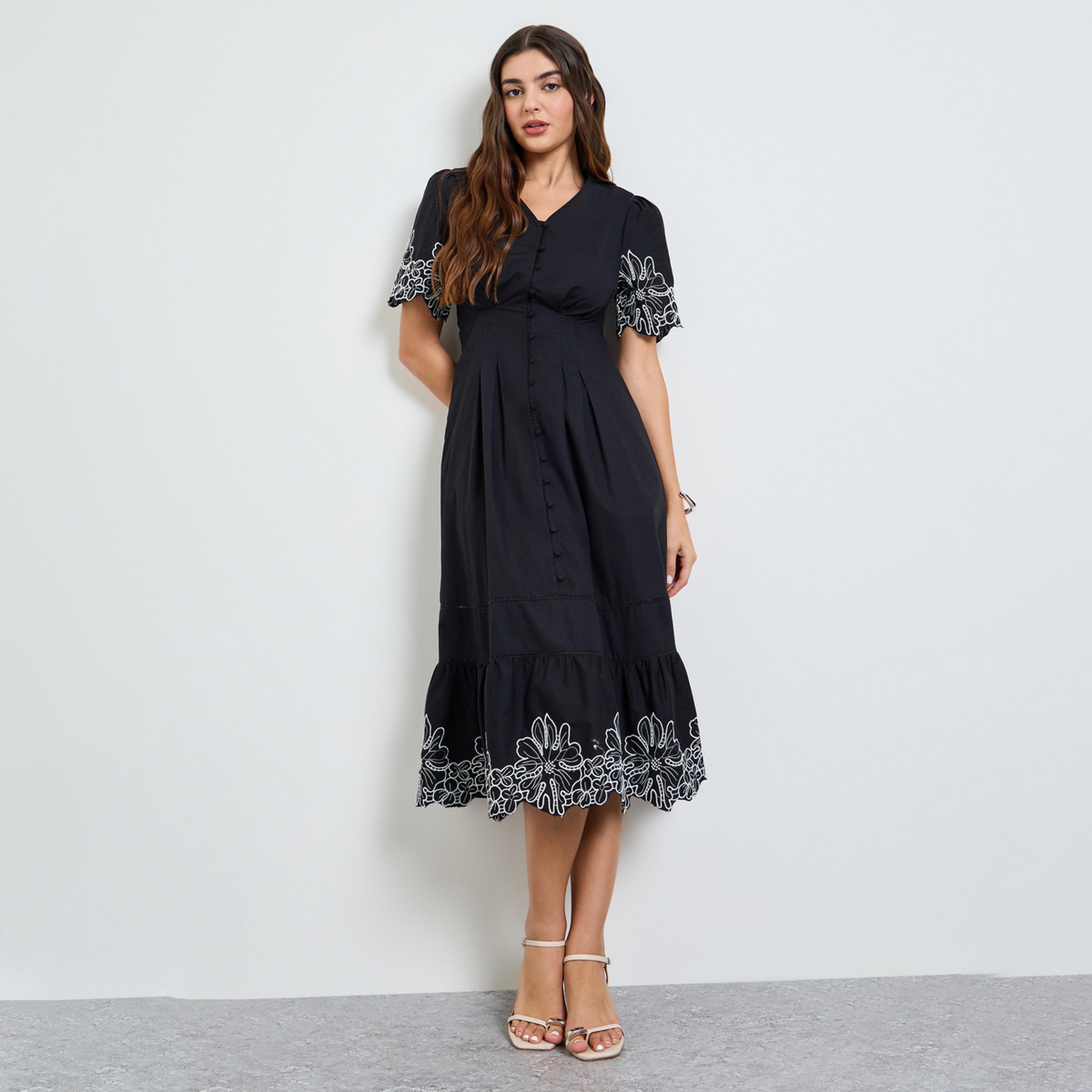 Styli Black Contrast Embroidered A-Line Midi Dress-women-clothing-dresses-image-2