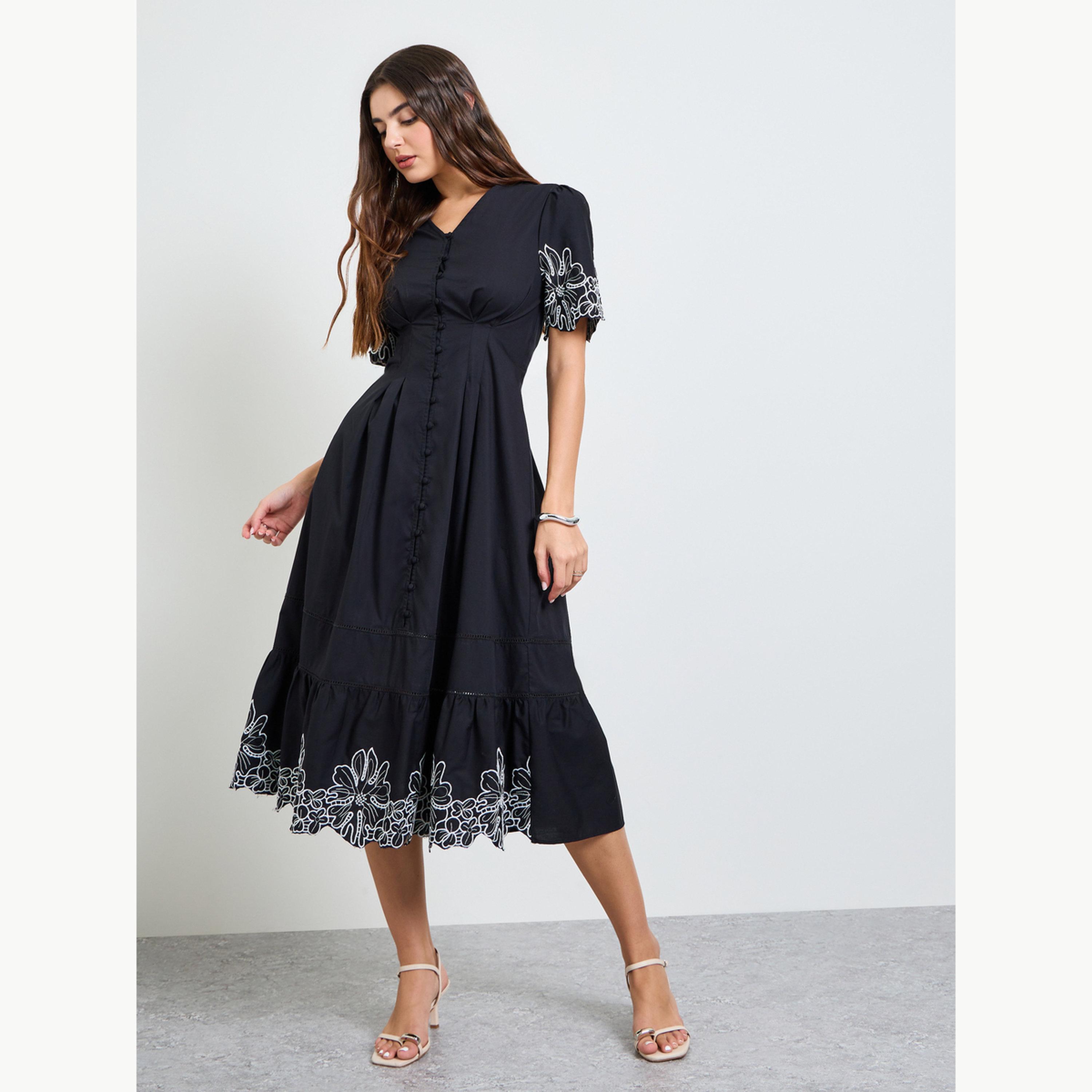 Styli Black Contrast Embroidered A-Line Midi Dress-women-clothing-dresses-image-3
