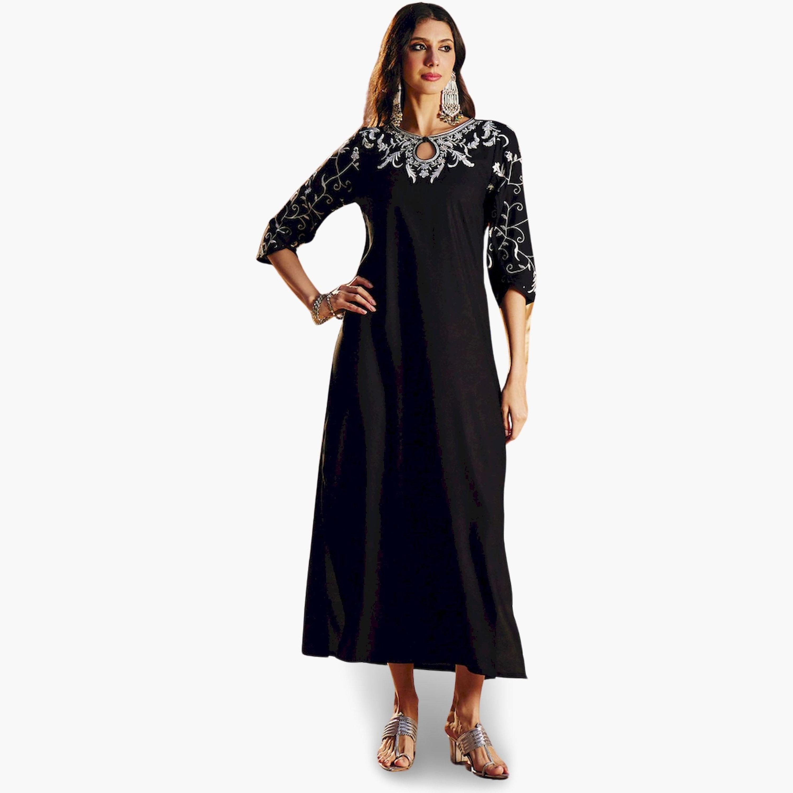 Sassafras X Styli Black Embroidered A-Line Maxi Dress-women-clothing-ethnicwear-dresses-image-1