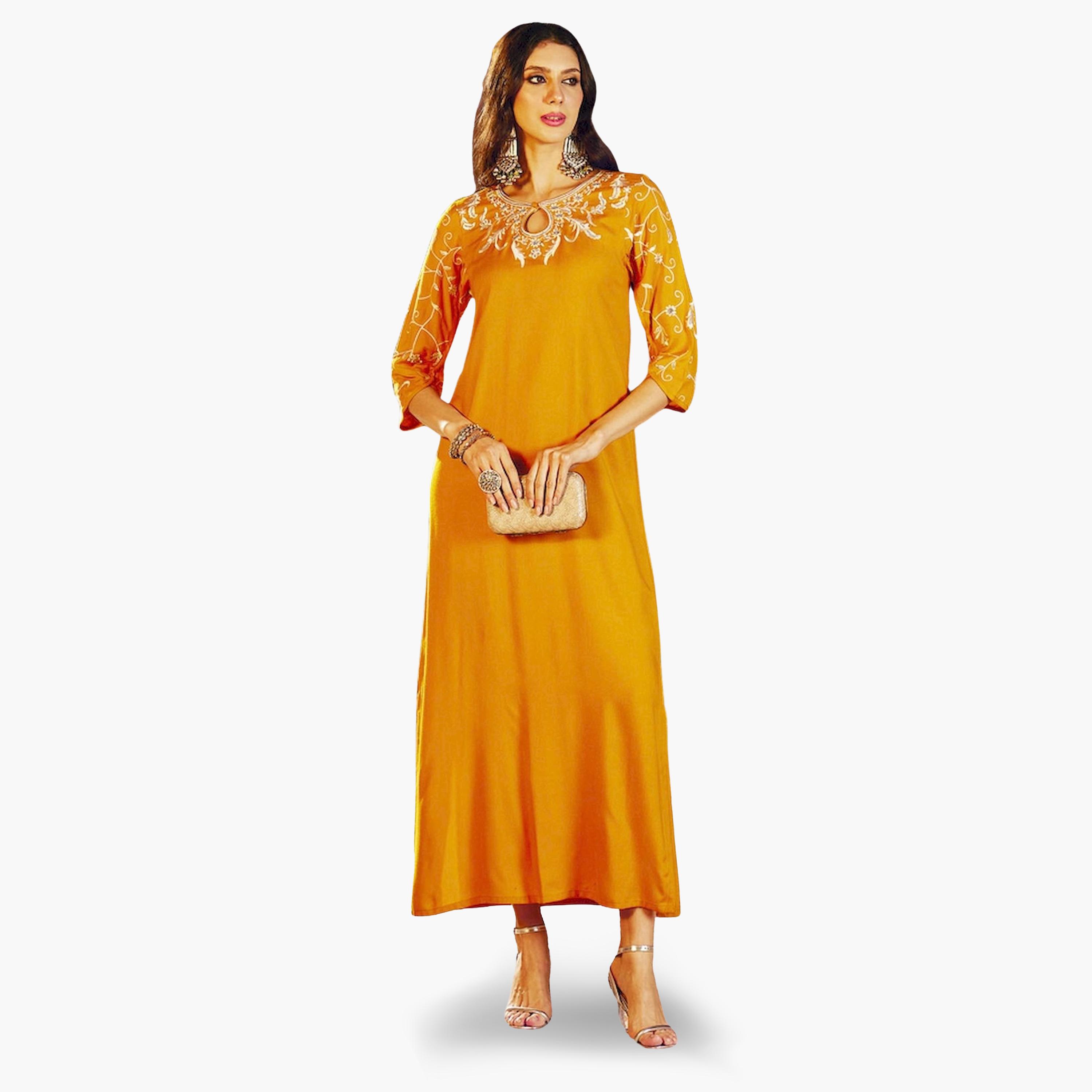 ساسافراس × ستايلي - فستان ماكسي مطرز لون الخردل تصميم A-women-clothing-ethnicwear-dresses-image-1