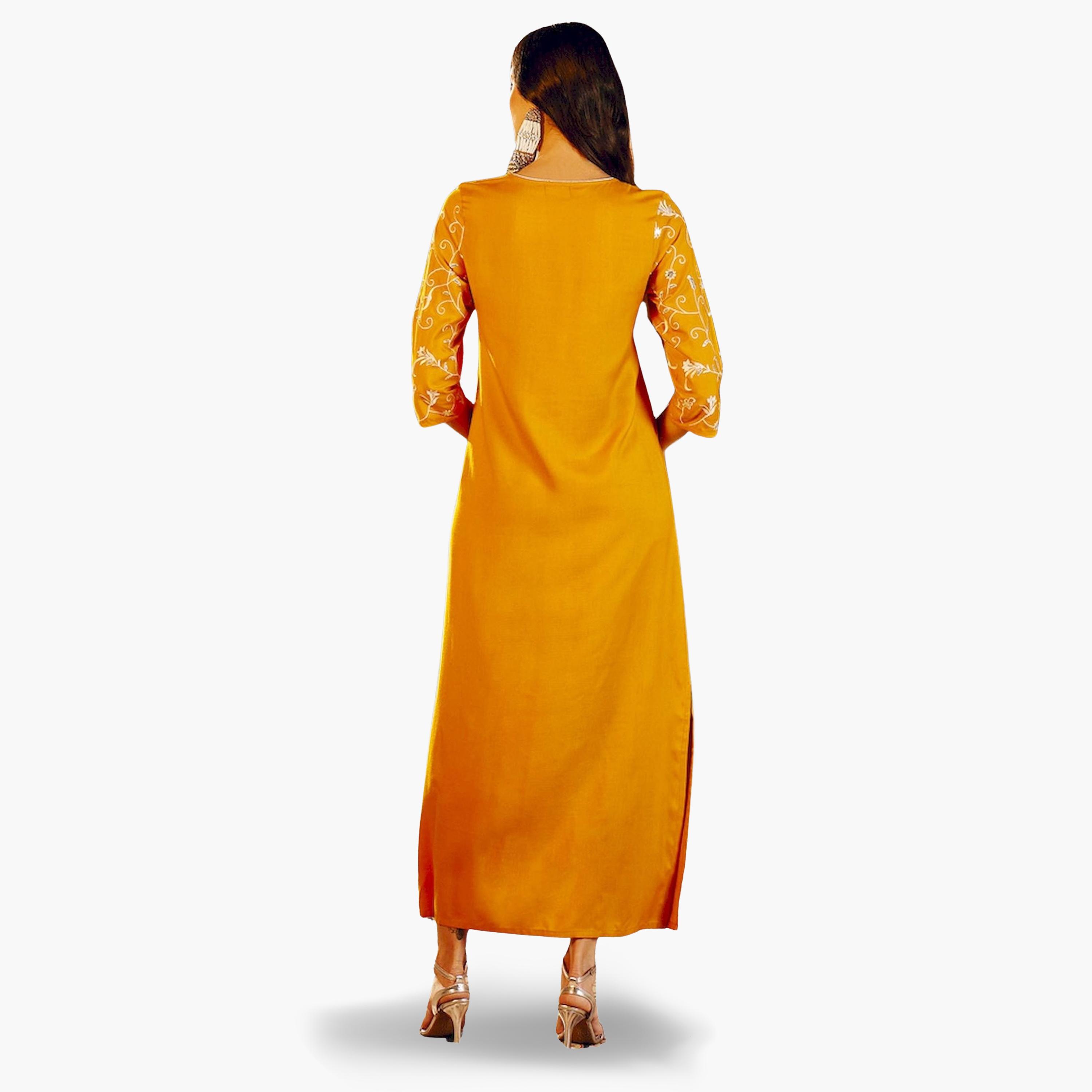 ساسافراس × ستايلي - فستان ماكسي مطرز لون الخردل تصميم A-women-clothing-ethnicwear-dresses-image-5