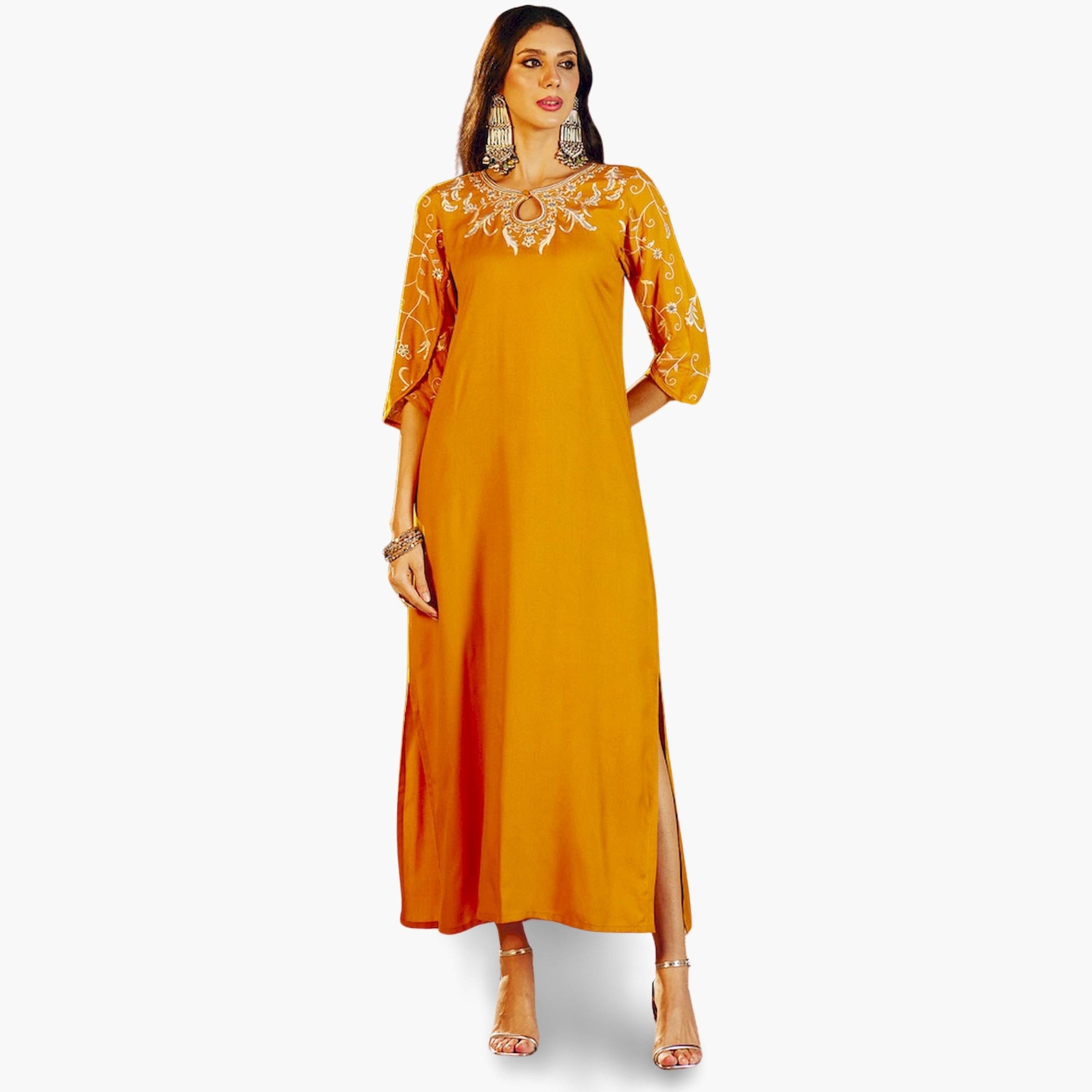 ساسافراس × ستايلي - فستان ماكسي مطرز لون الخردل تصميم A-women-clothing-ethnicwear-dresses-image-6