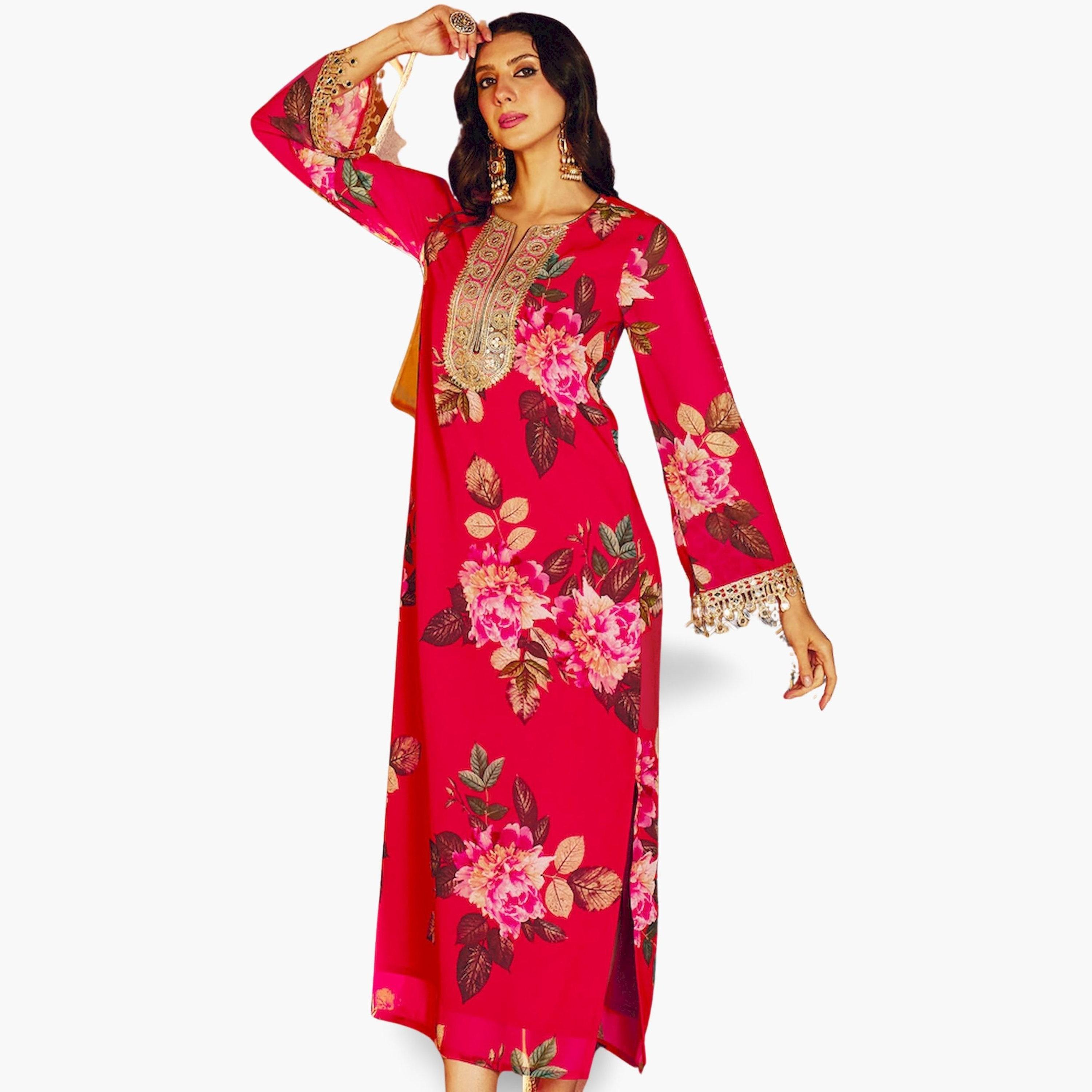 ساسافراس × ستايلي - فستان ماكسي مطرز نقشة زهور حمراء تصميم A-women-clothing-ethnicwear-dresses-image-2
