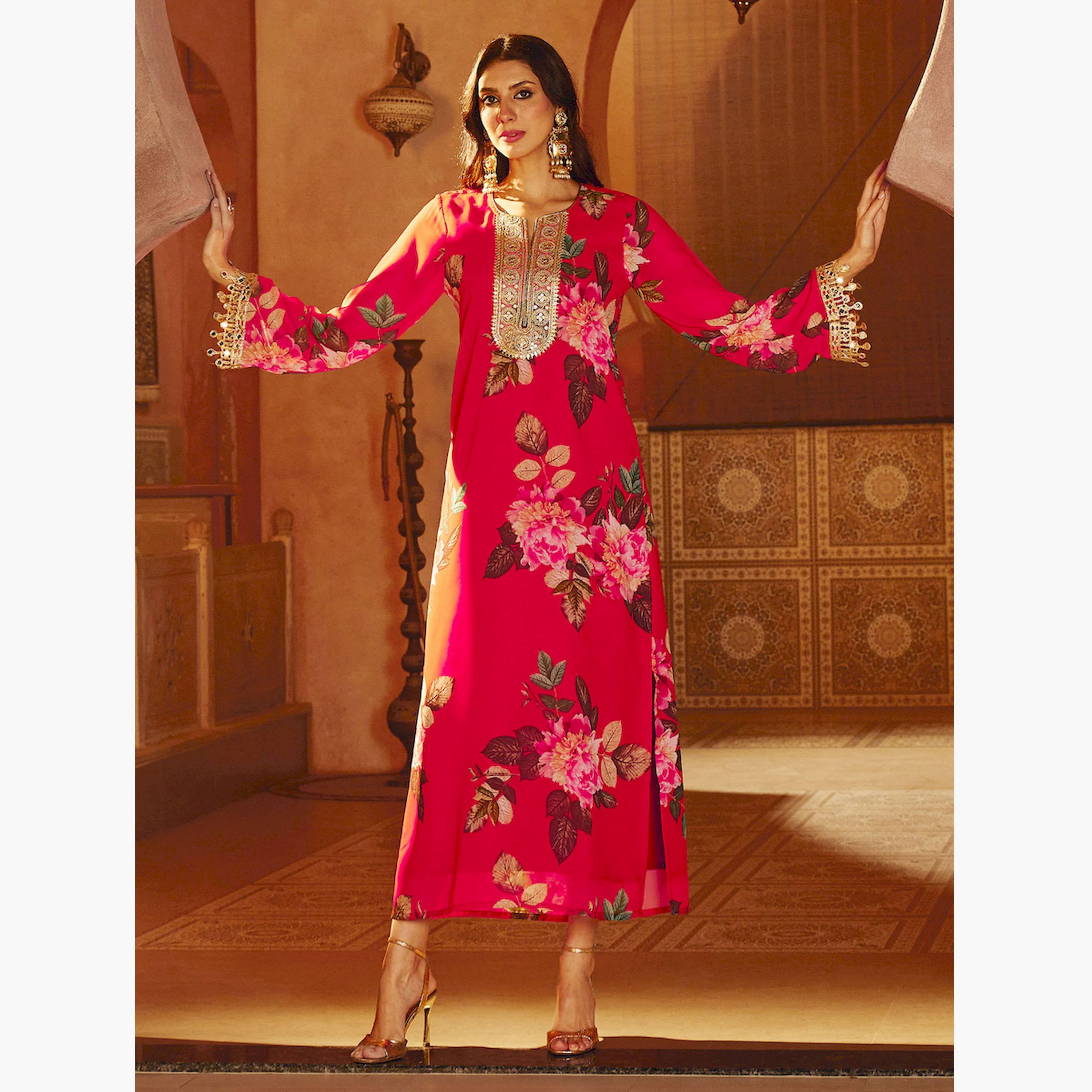 ساسافراس × ستايلي - فستان ماكسي مطرز نقشة زهور حمراء تصميم A-women-clothing-ethnicwear-dresses-image-3