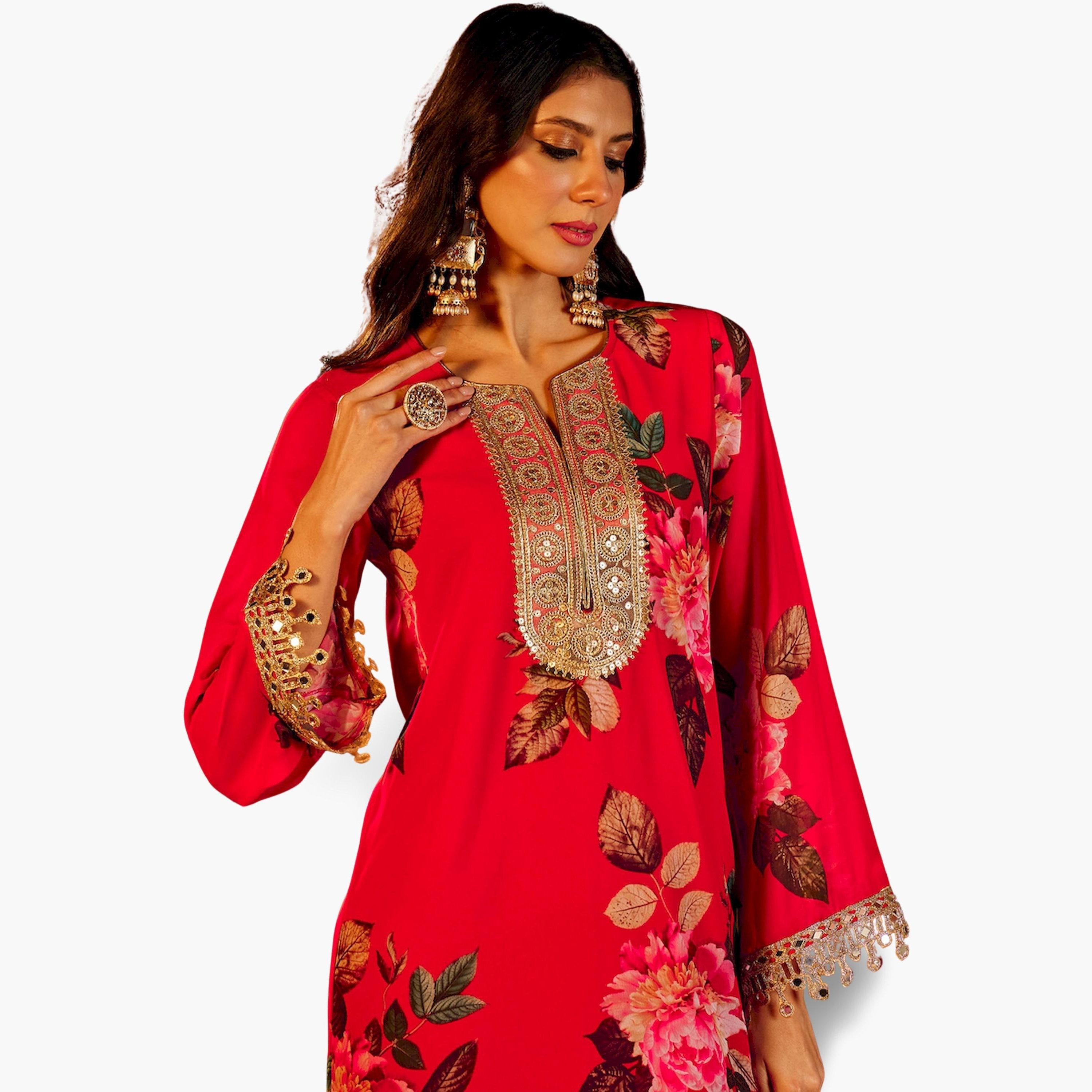ساسافراس × ستايلي - فستان ماكسي مطرز نقشة زهور حمراء تصميم A-women-clothing-ethnicwear-dresses-image-4