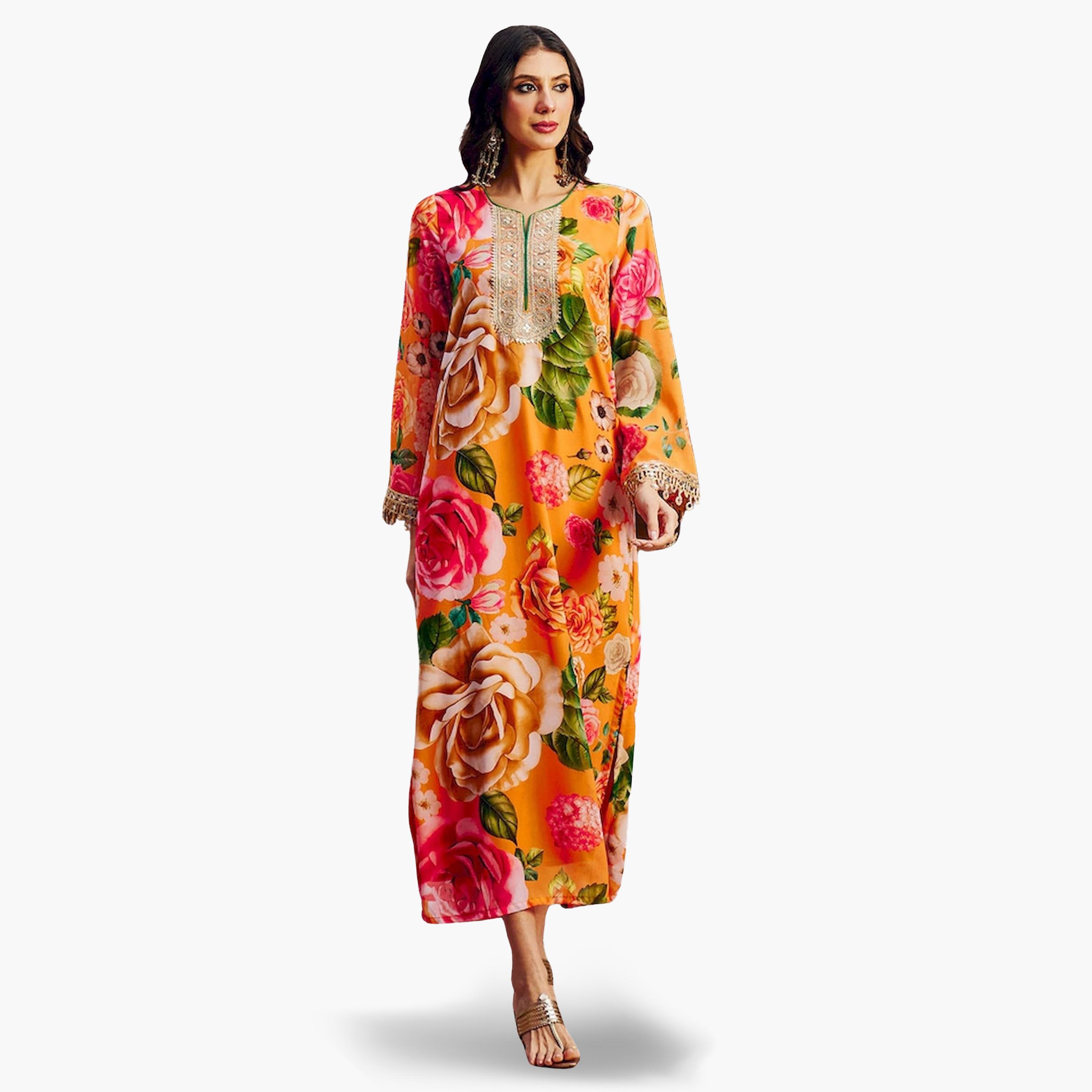 Sassafras X Styli Orange Floral Print Embroidered Neck Maxi Dress-women-clothing-ethnicwear-dresses-image-1