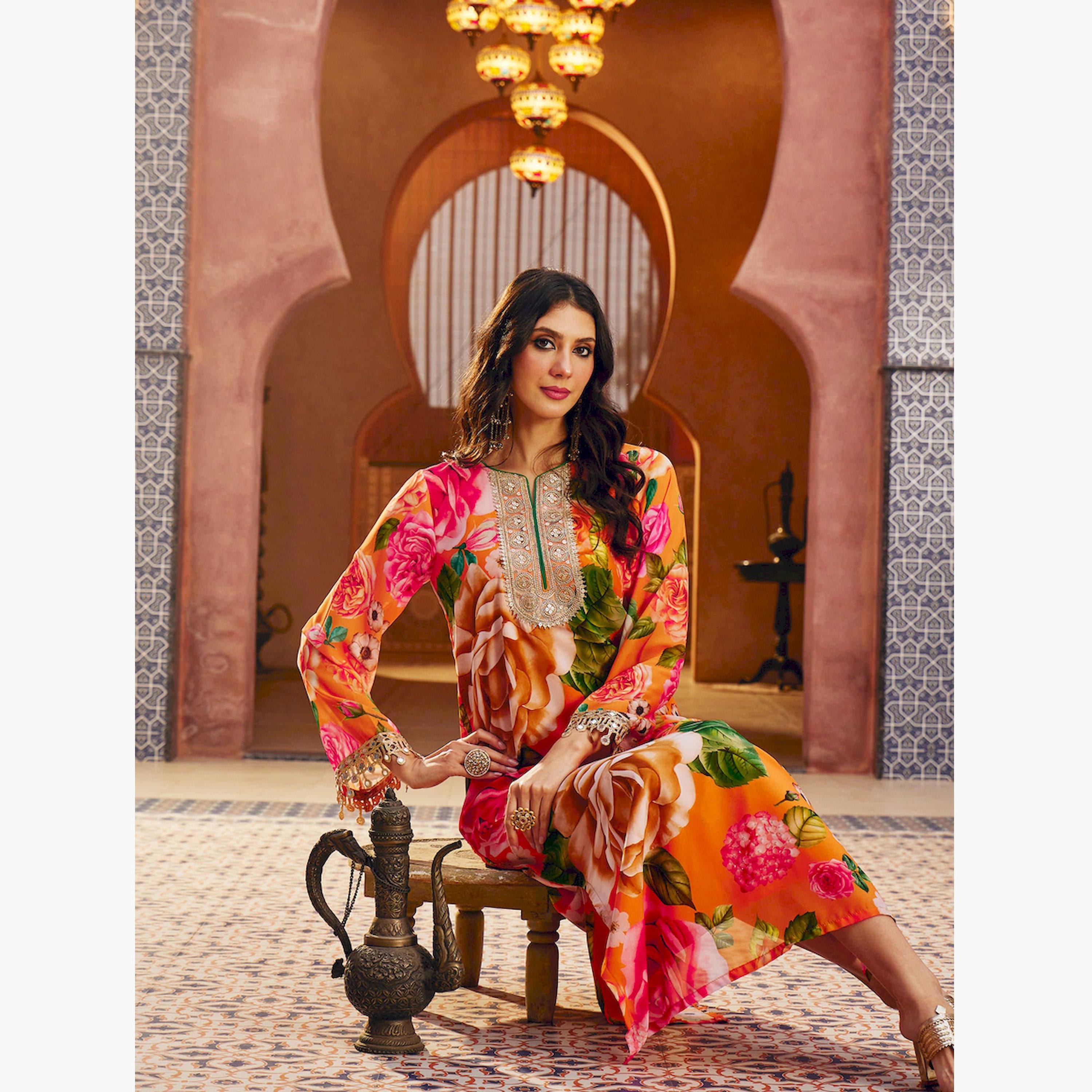 Sassafras X Styli Orange Floral Print Embroidered Neck Maxi Dress-women-clothing-ethnicwear-dresses-image-2