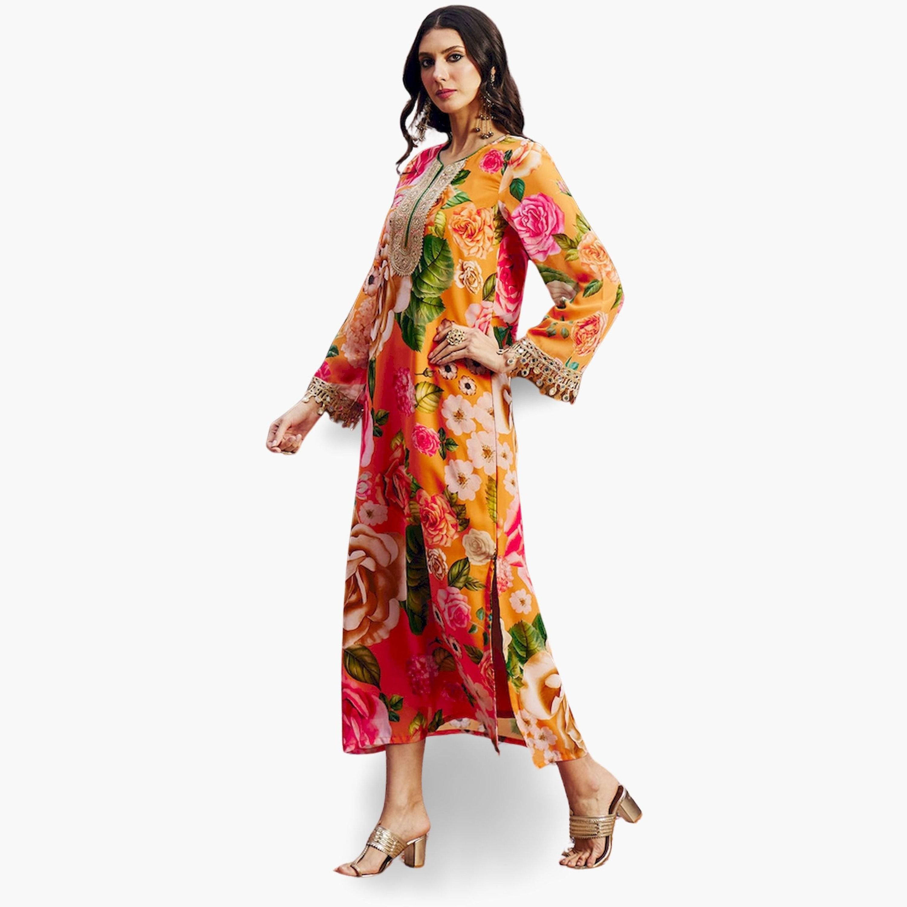 Sassafras X Styli Orange Floral Print Embroidered Neck Maxi Dress-women-clothing-ethnicwear-dresses-image-3
