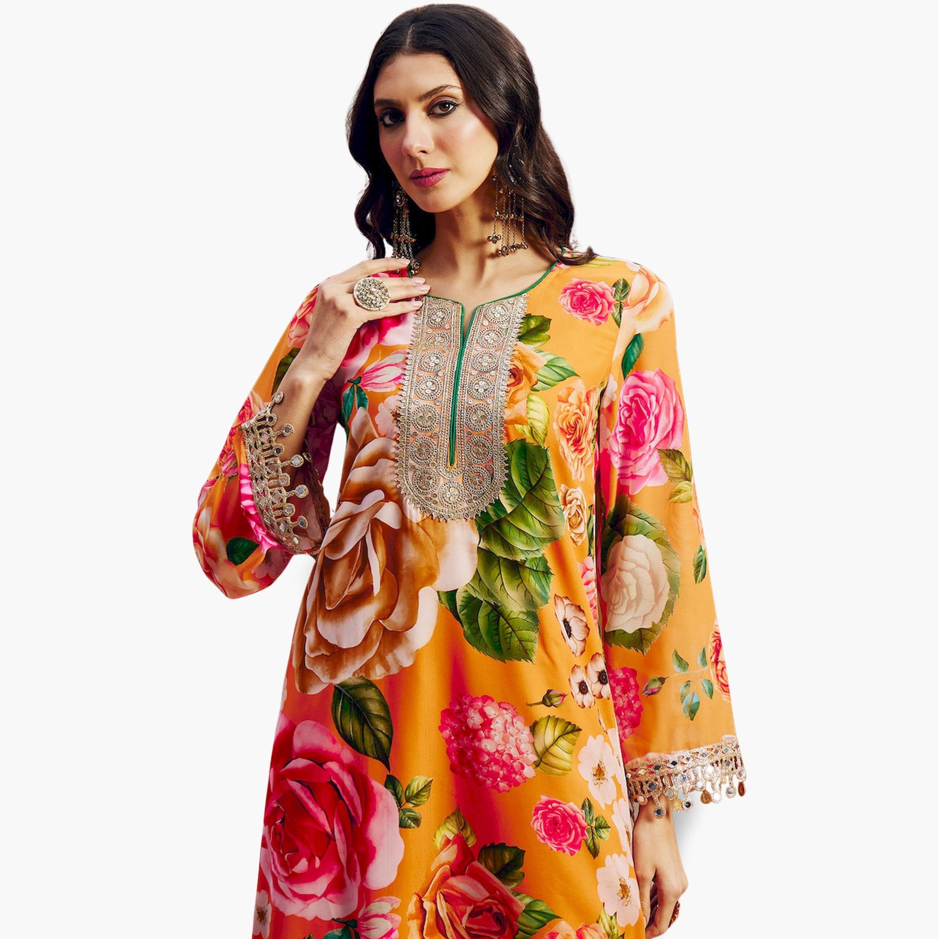 Sassafras X Styli Orange Floral Print Embroidered Neck Maxi Dress-women-clothing-ethnicwear-dresses-image-4