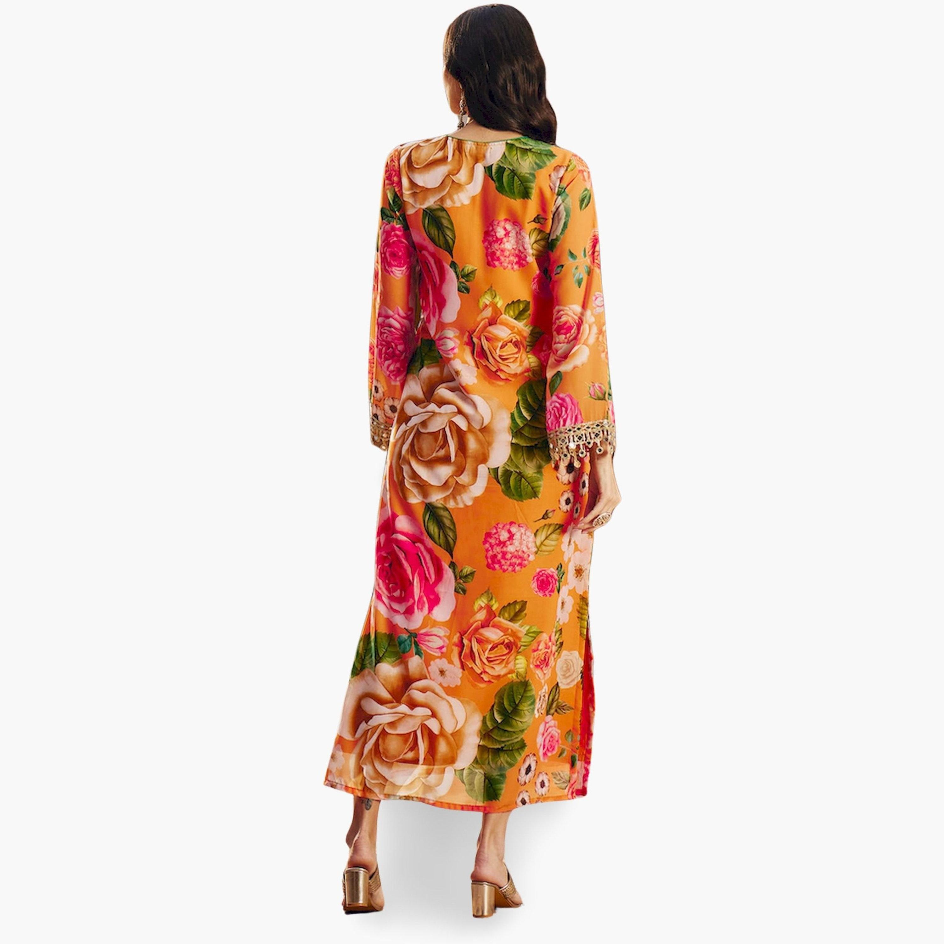 Sassafras X Styli Orange Floral Print Embroidered Neck Maxi Dress-women-clothing-ethnicwear-dresses-image-5