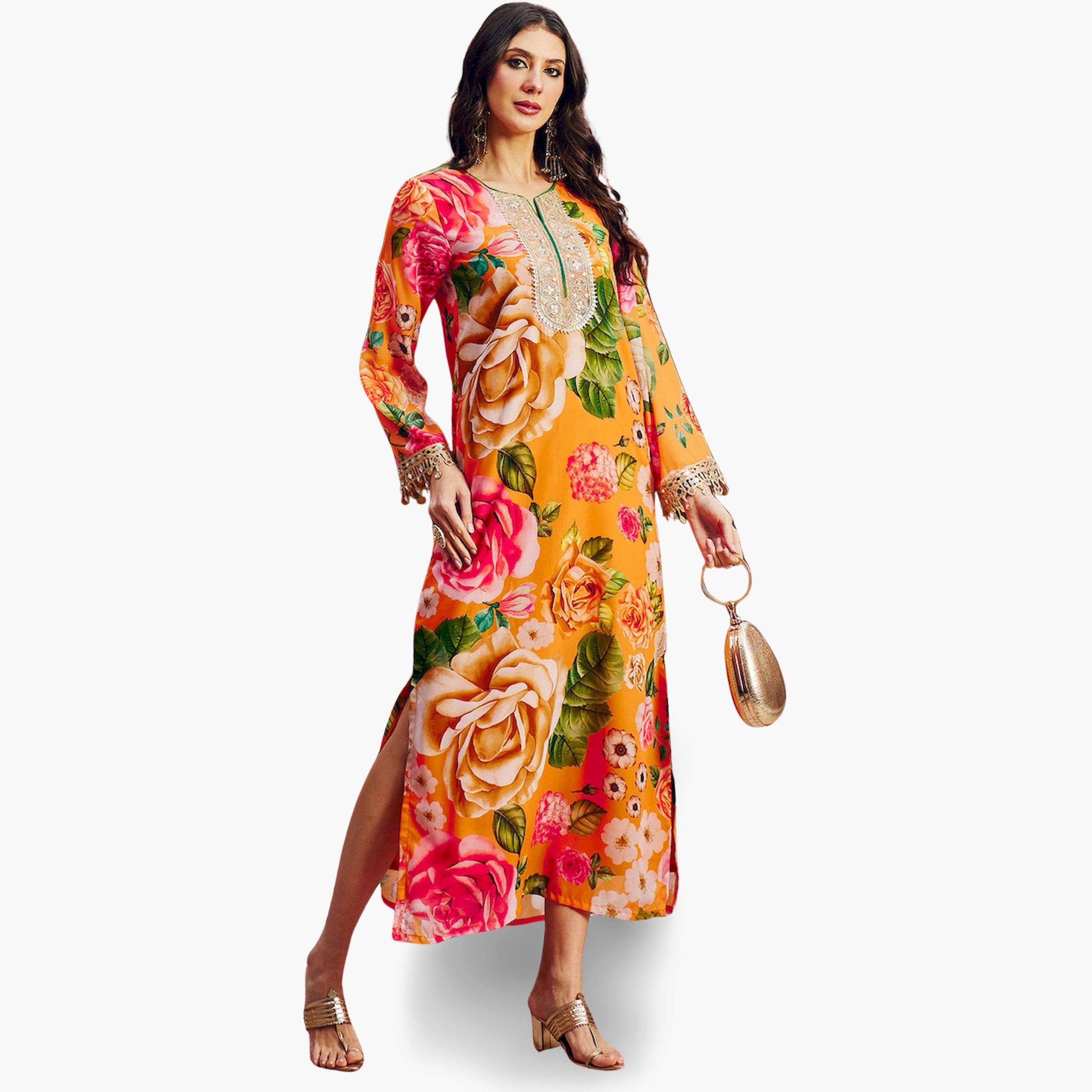 Sassafras X Styli Orange Floral Print Embroidered Neck Maxi Dress-women-clothing-ethnicwear-dresses-image-6