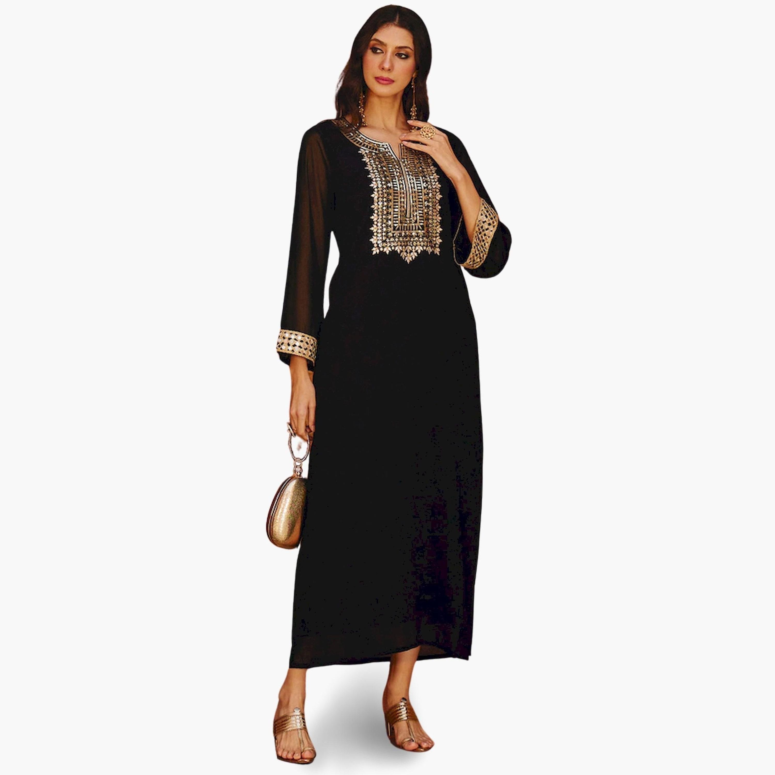 ساسافراس × ستايلي - فستان ماكسي أسود تطريز ذهبي تصميم A-women-clothing-ethnicwear-dresses-image-2