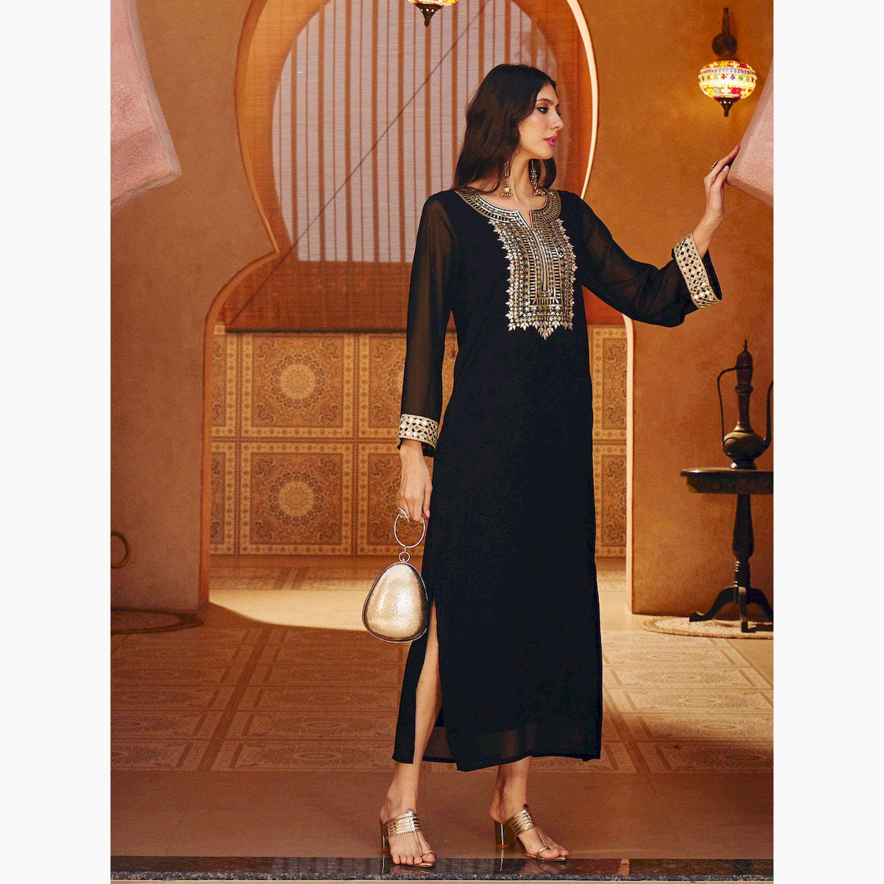 Sassafras X Styli Black Gold Embroidered A-Line Maxi Dress-women-clothing-ethnicwear-dresses-image-3