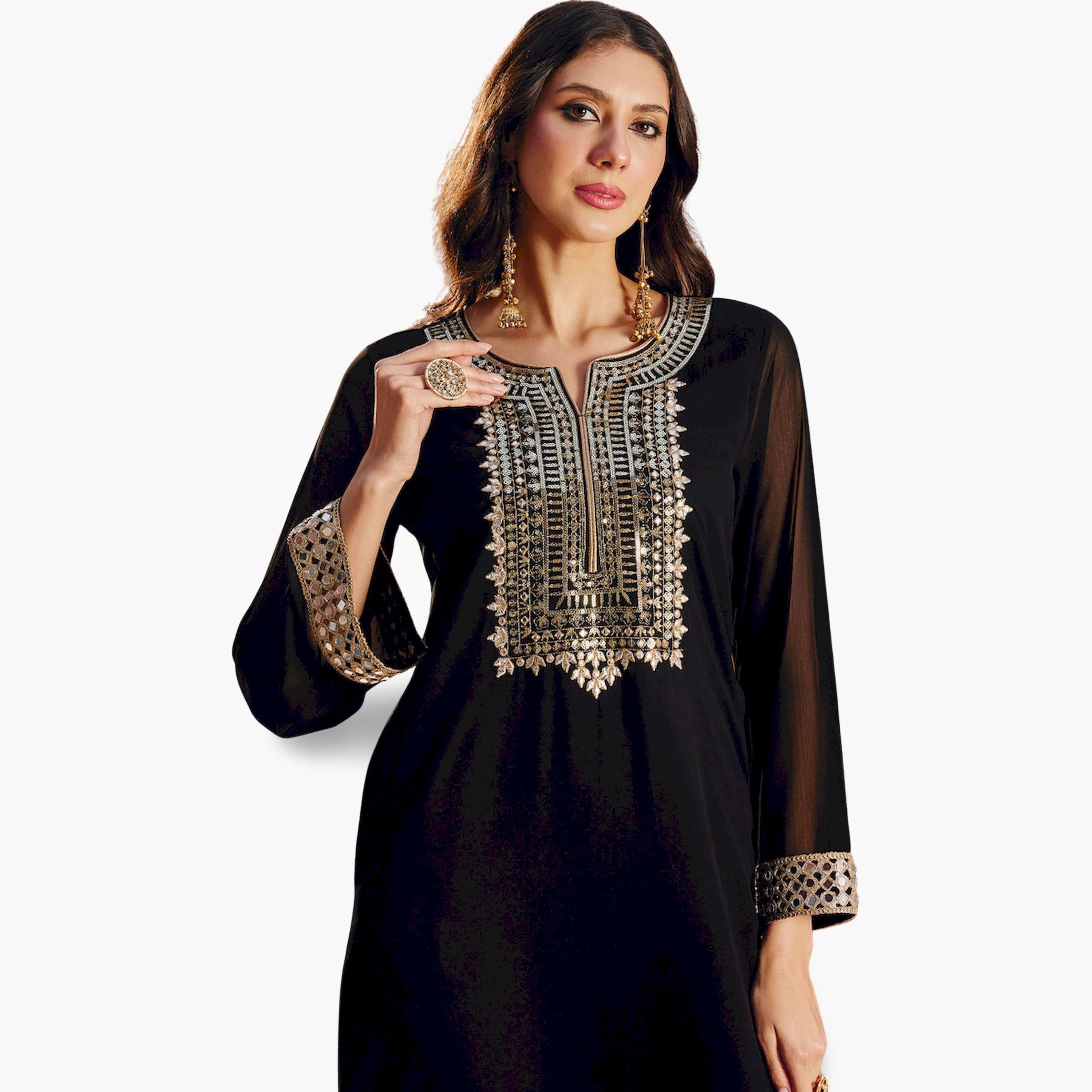 Sassafras X Styli Black Gold Embroidered A-Line Maxi Dress-women-clothing-ethnicwear-dresses-image-4
