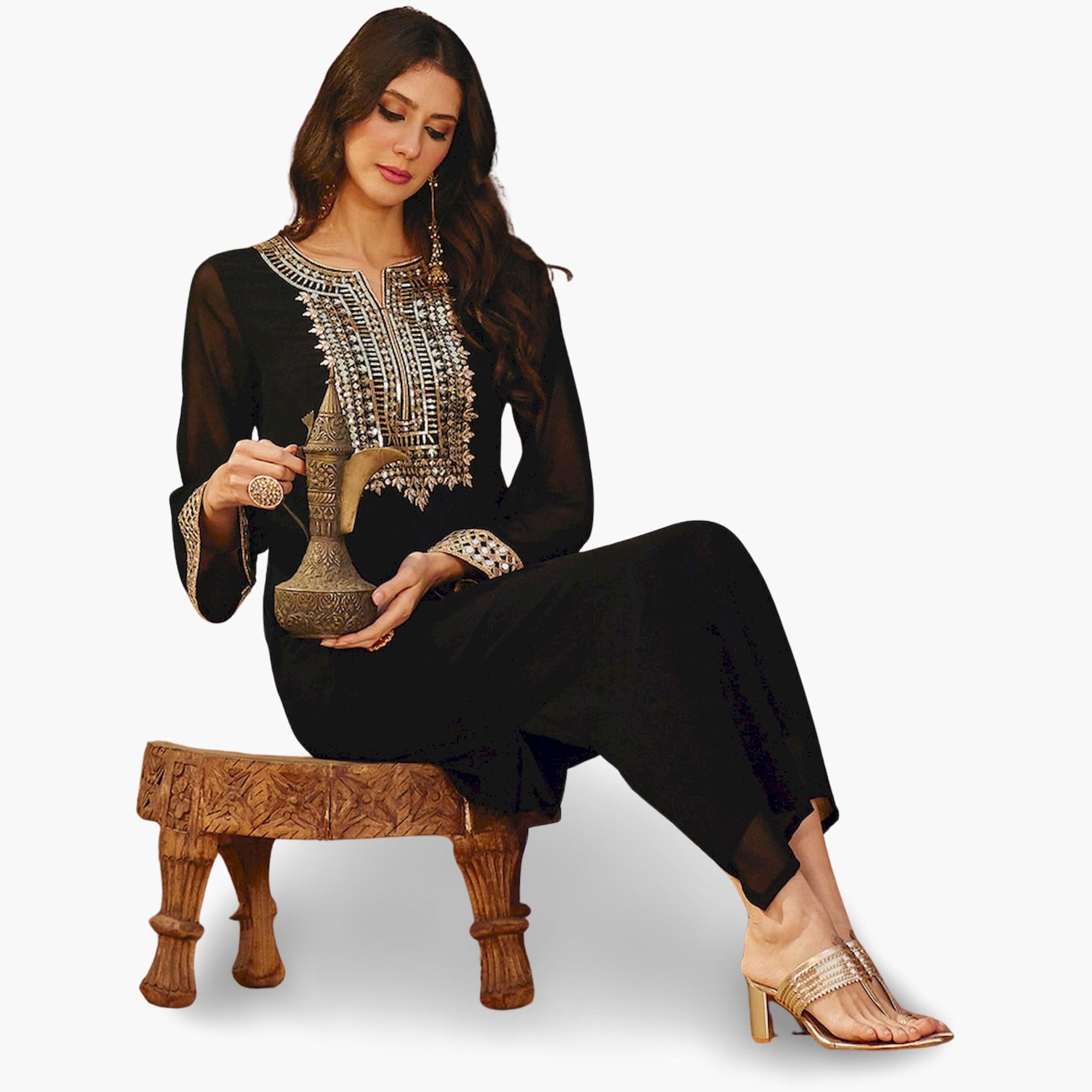 Sassafras X Styli Black Gold Embroidered A-Line Maxi Dress-women-clothing-ethnicwear-dresses-image-6