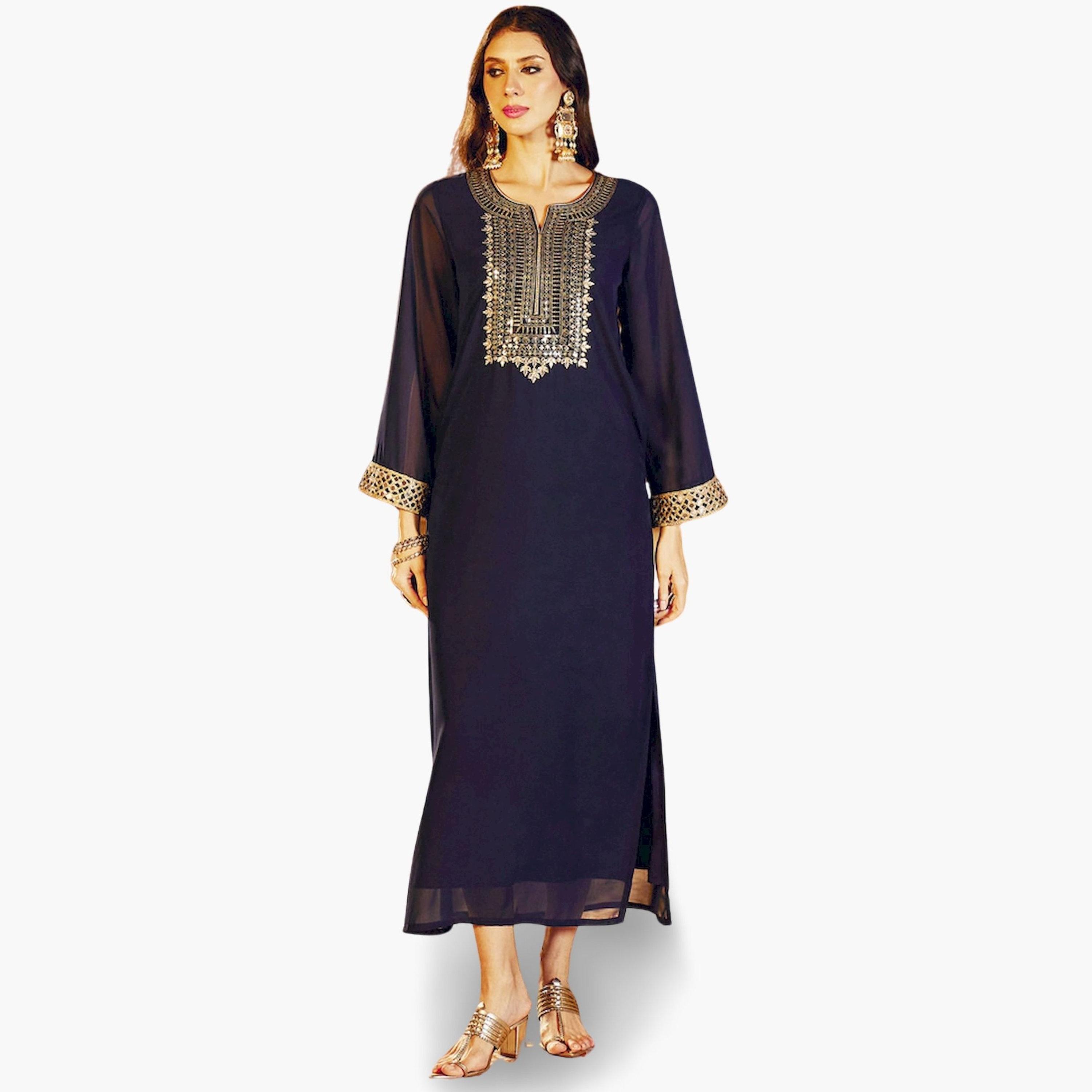 Sassafras X Styli Navy Blue Gold Embroidered A-Line Maxi Dress-women-clothing-ethnicwear-dresses-image-1