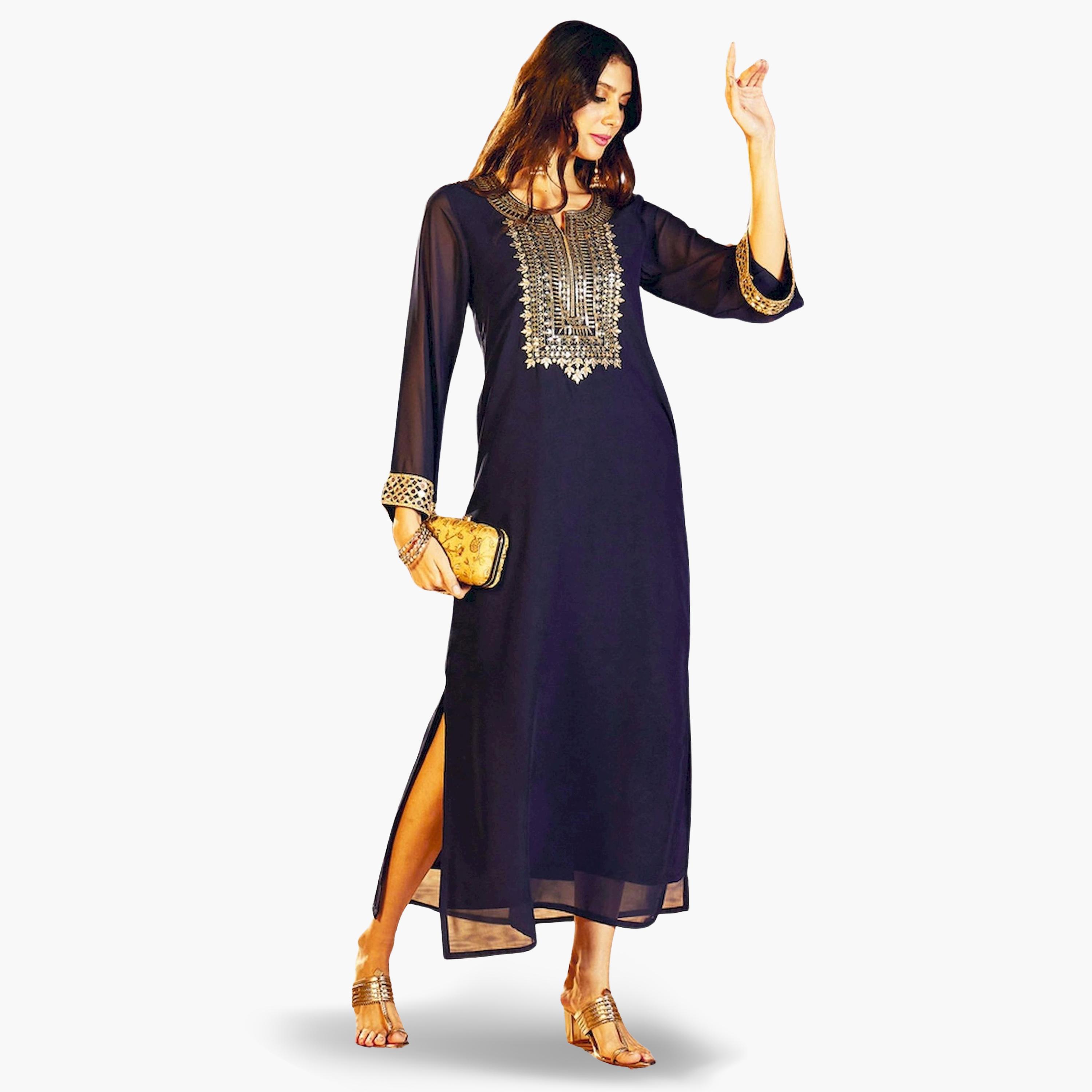 ساسافراس × ستايلي - فستان ماكسي أزرق داكن تطريز ذهبي تصميم A-women-clothing-ethnicwear-dresses-image-2