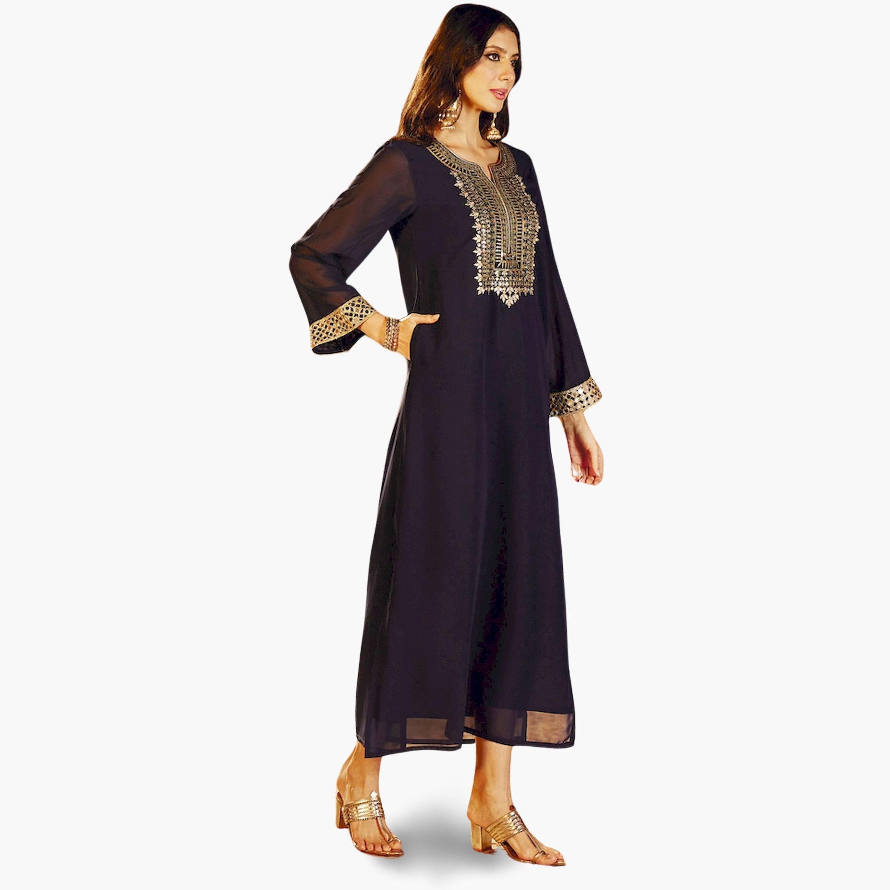 Sassafras X Styli Navy Blue Gold Embroidered A-Line Maxi Dress-women-clothing-ethnicwear-dresses-image-3