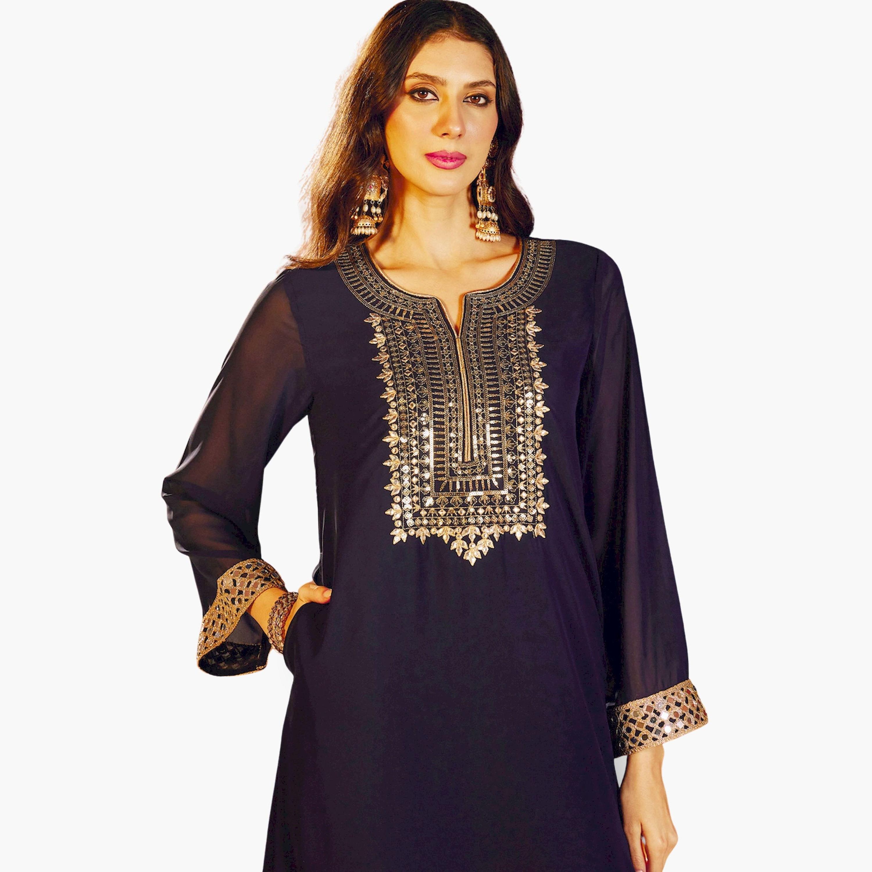 Sassafras X Styli Navy Blue Gold Embroidered A-Line Maxi Dress-women-clothing-ethnicwear-dresses-image-4