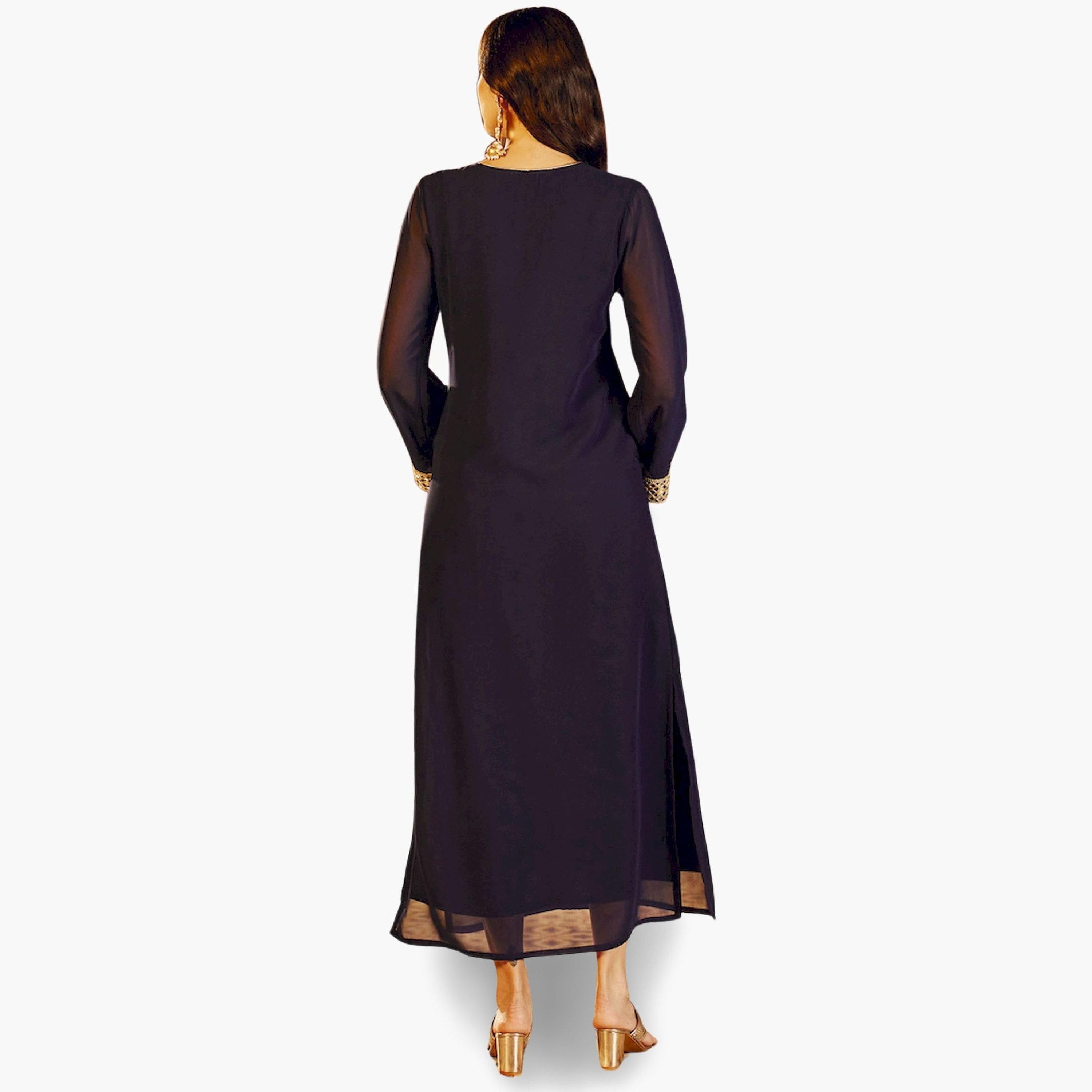 ساسافراس × ستايلي - فستان ماكسي أزرق داكن تطريز ذهبي تصميم A-women-clothing-ethnicwear-dresses-image-5
