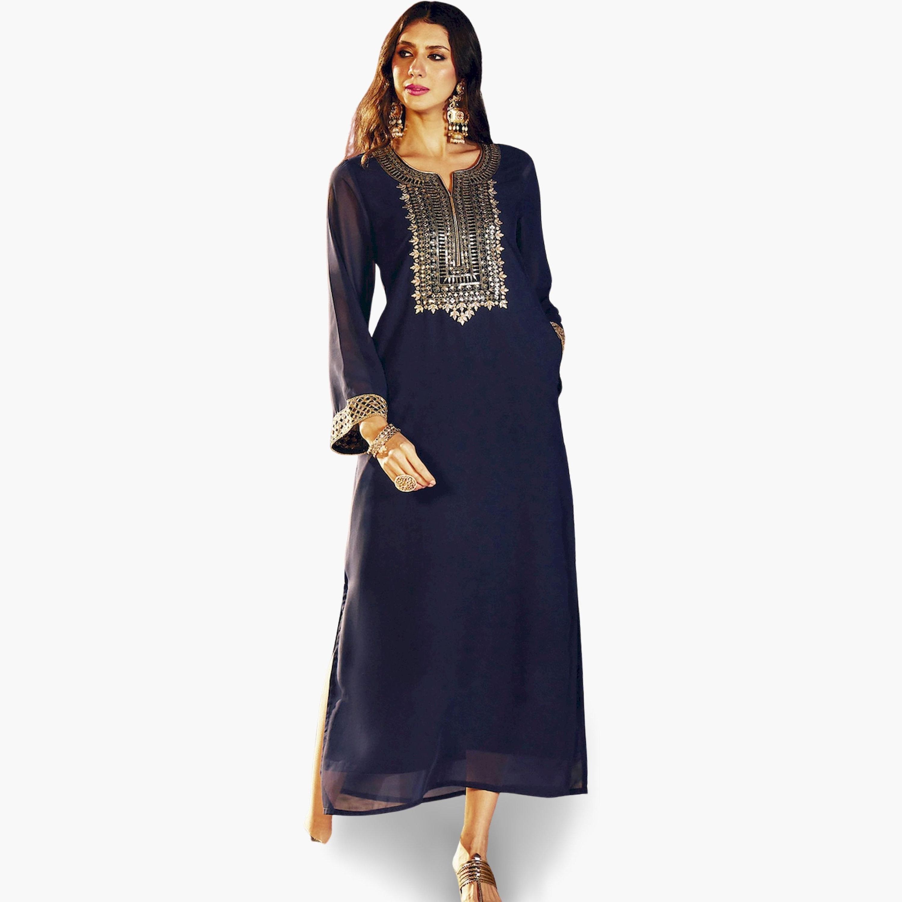 Sassafras X Styli Navy Blue Gold Embroidered A-Line Maxi Dress-women-clothing-ethnicwear-dresses-image-6