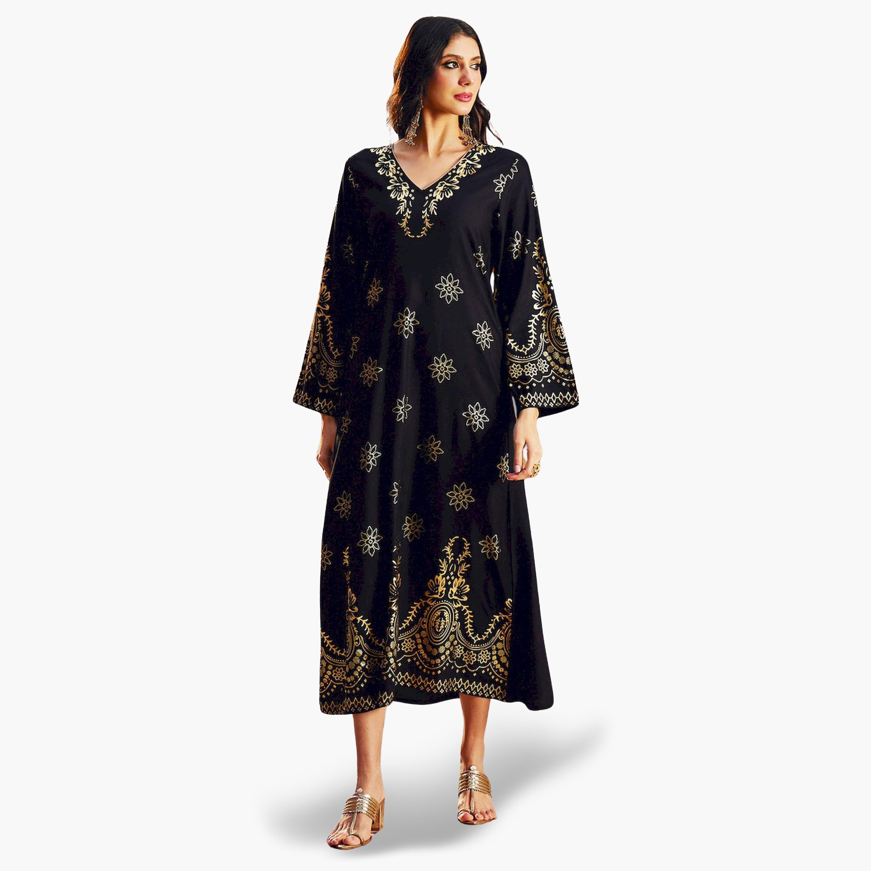 Sassafras Black Foil Print A-Line Jalabiya-women-arabicclothing-jalabiyas-image-1