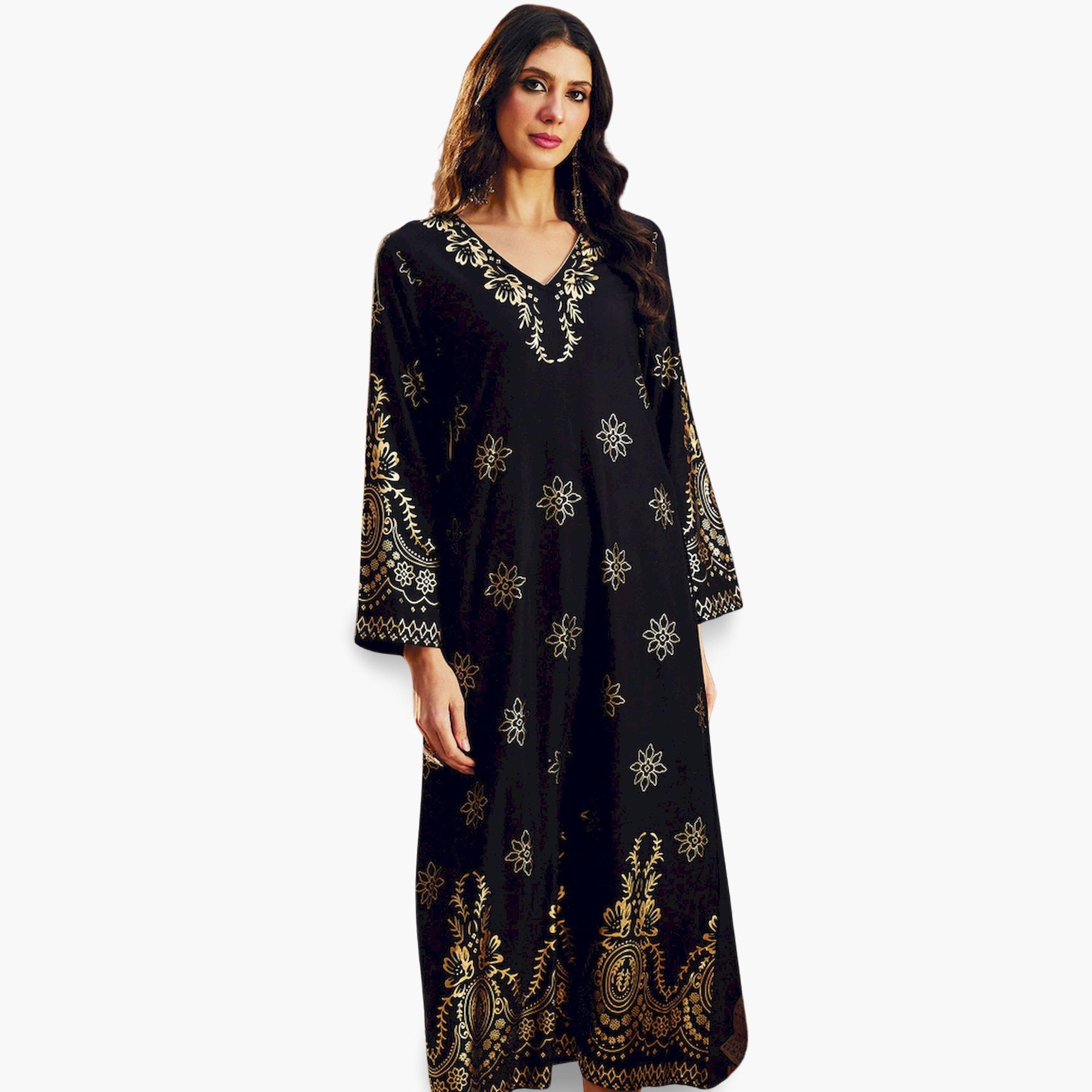 ساسافراس × ستايلي - جلابية سوداء مطبوعة برقائق معدنية تصميم A-women-arabicclothing-jalabiyas-image-2