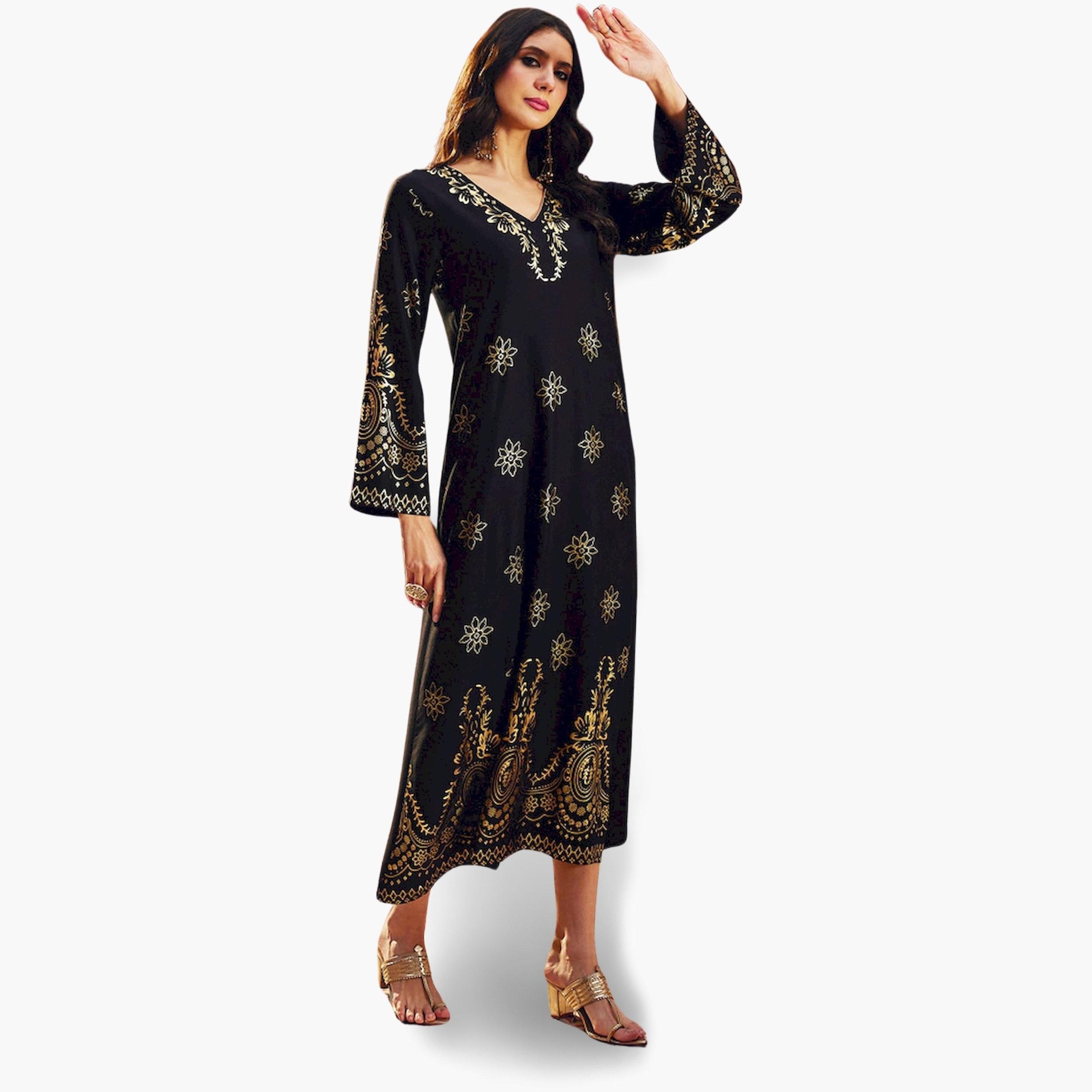 Sassafras Black Foil Print A-Line Jalabiya-women-arabicclothing-jalabiyas-image-3