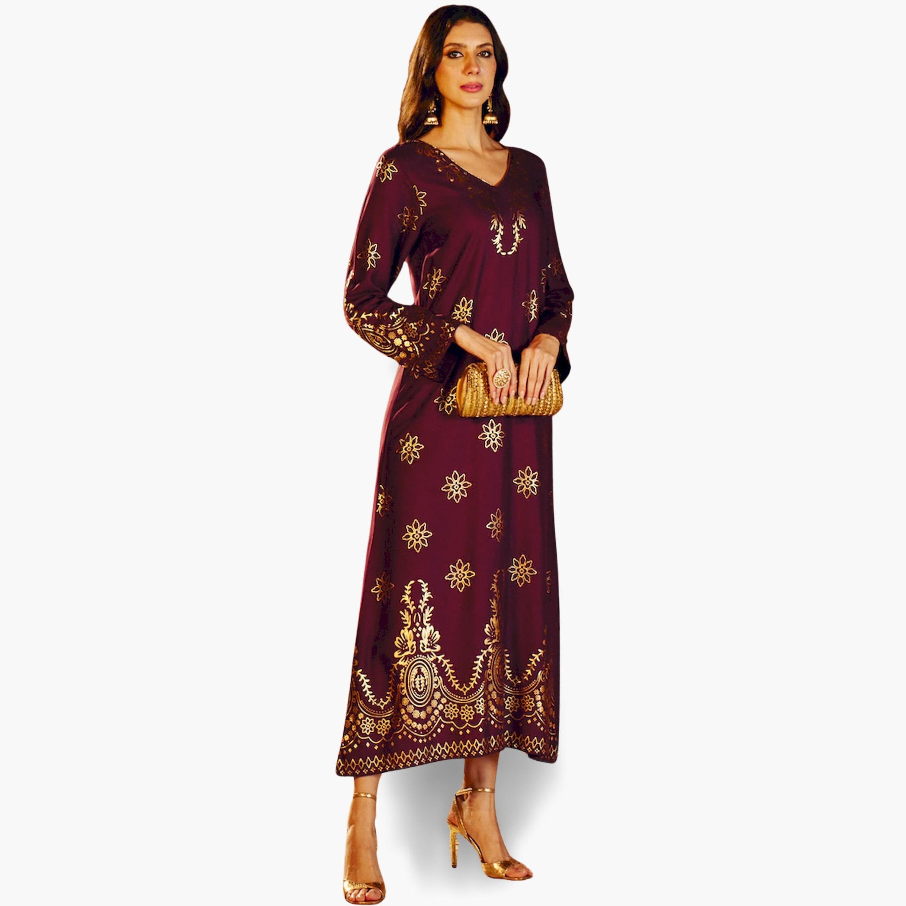 Sassafras Burgundy Foil Print A-Line Jalabiya-women-arabicclothing-jalabiyas-image-1