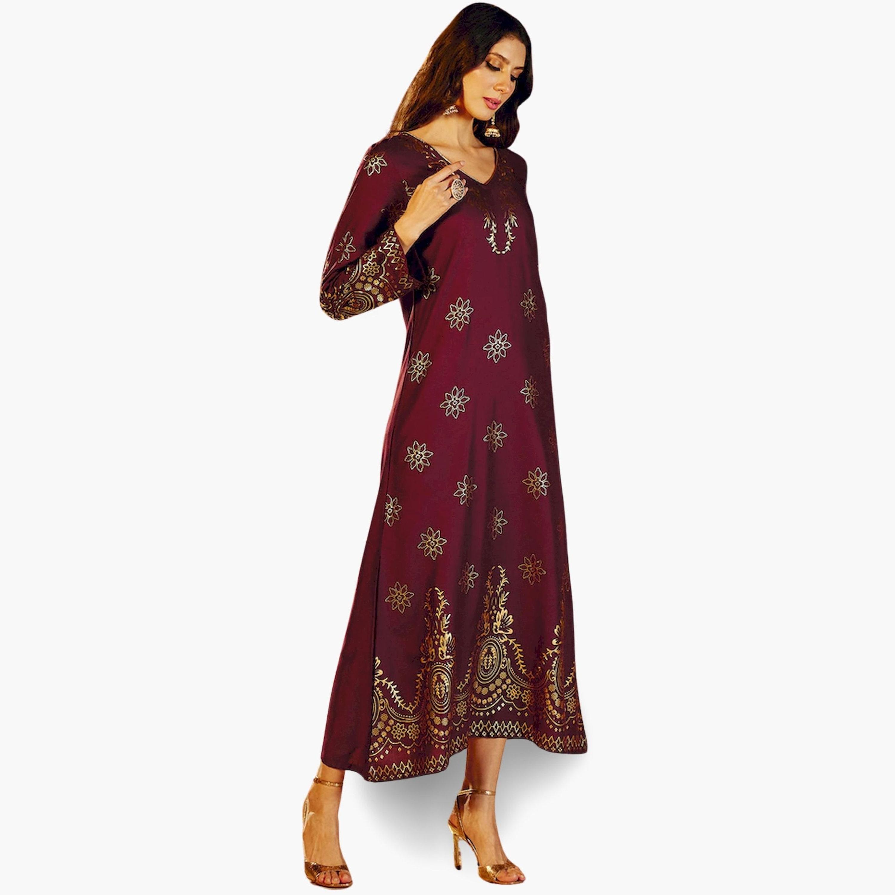 Sassafras Burgundy Foil Print A-Line Jalabiya-women-arabicclothing-jalabiyas-image-2