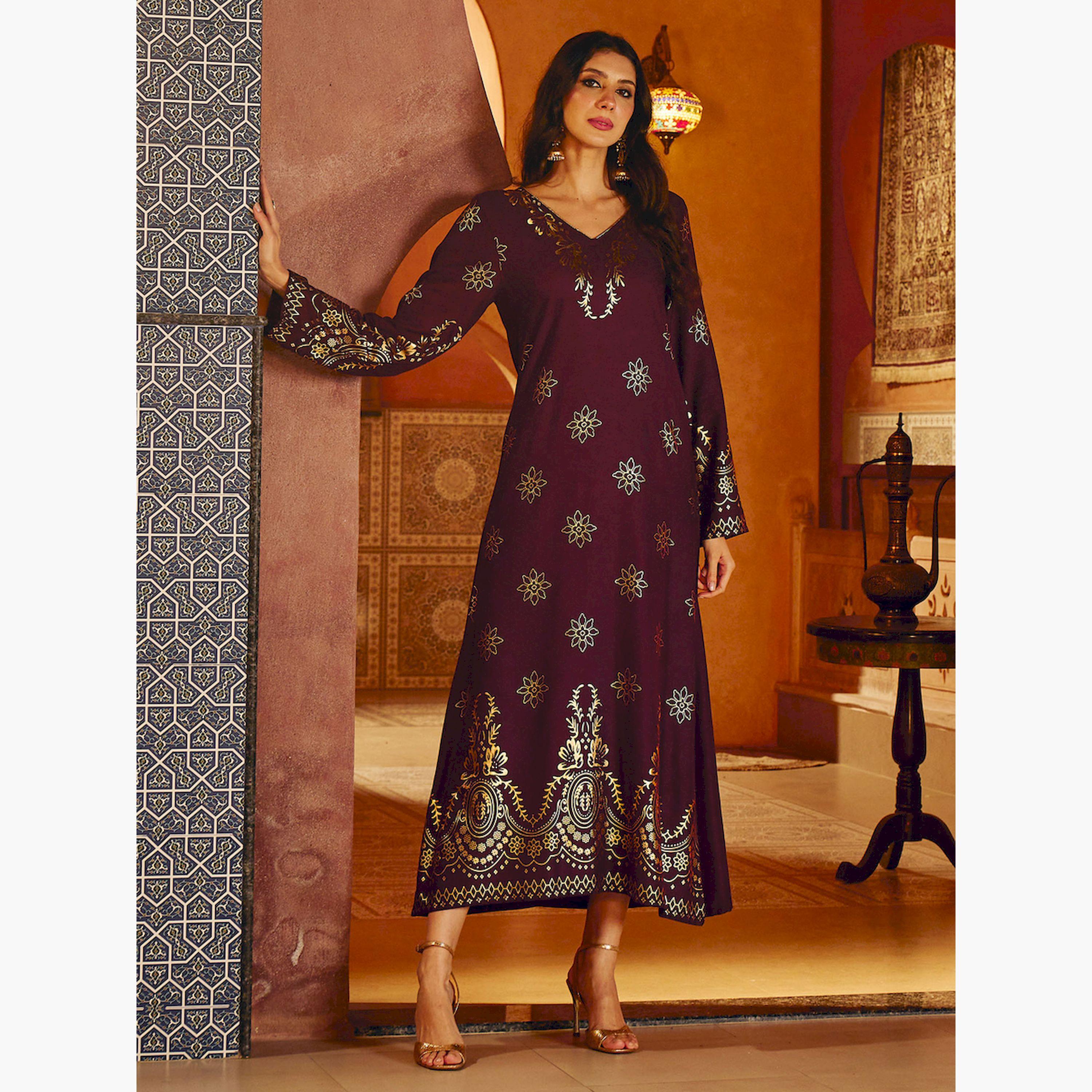 Sassafras Burgundy Foil Print A-Line Jalabiya-women-arabicclothing-jalabiyas-image-5