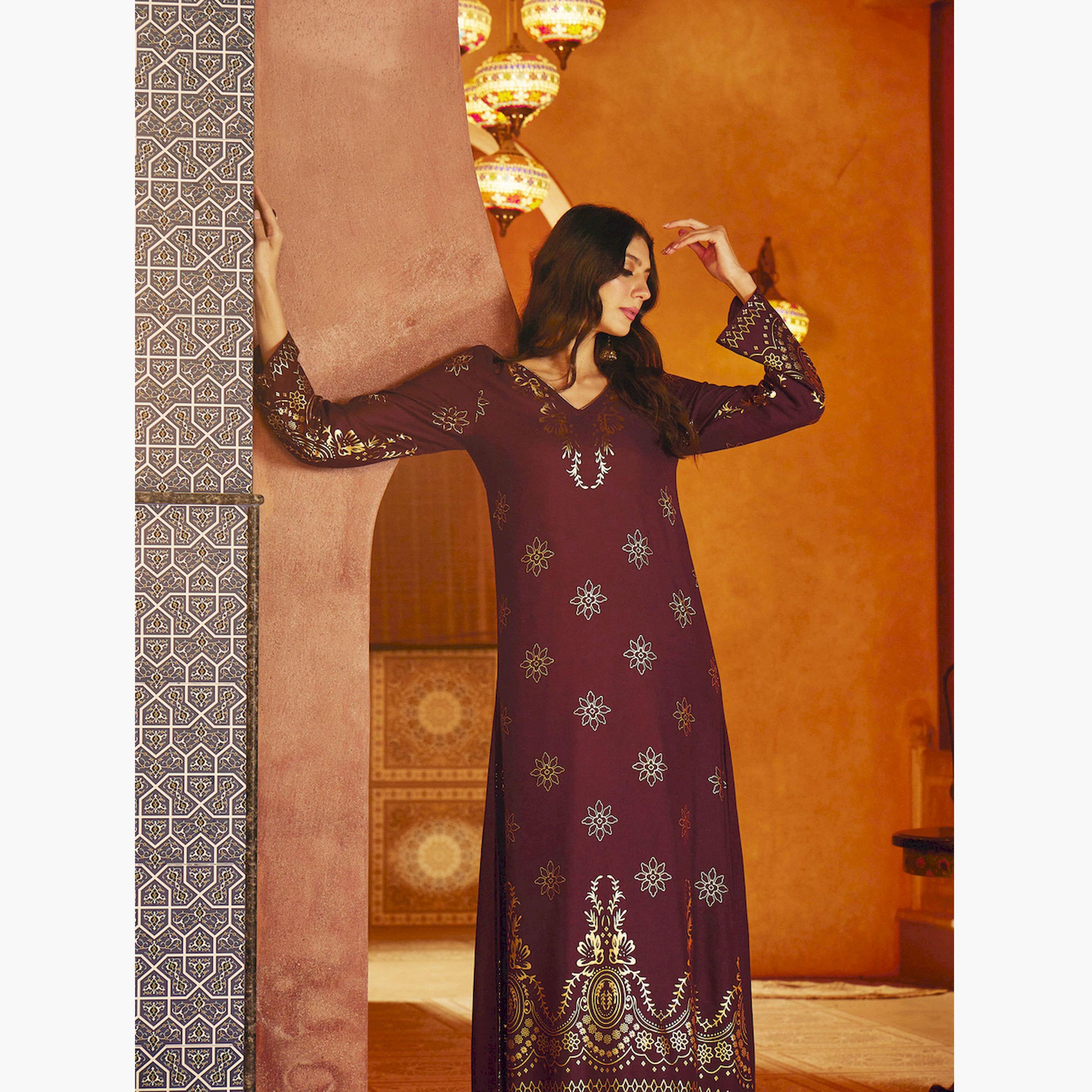 Sassafras Burgundy Foil Print A-Line Jalabiya-women-arabicclothing-jalabiyas-image-6