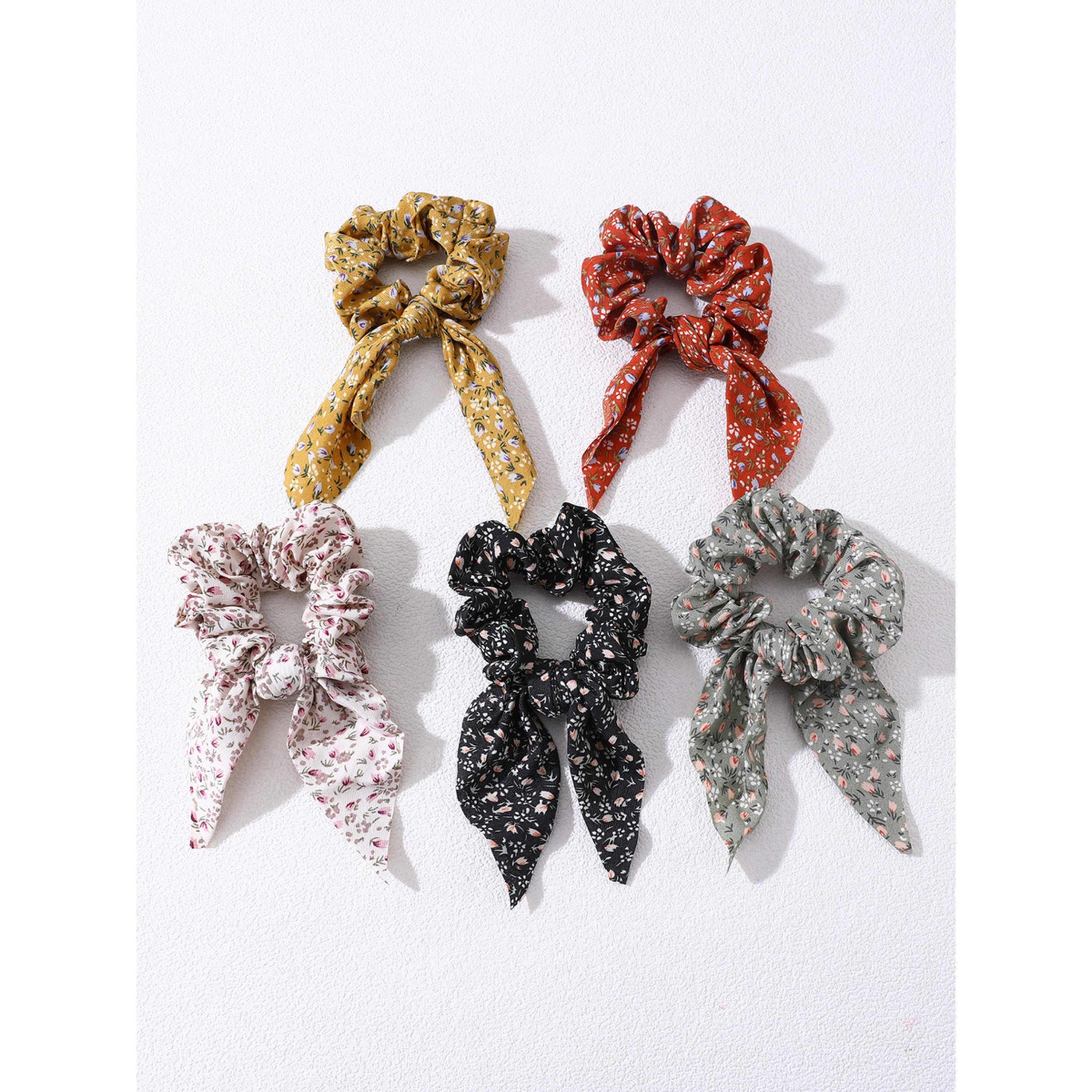 Take Two Pack of 5 - Floral Print Hair Scrunchies with Ribbon Ties-women-hairaccessories-scrunchies-image-1