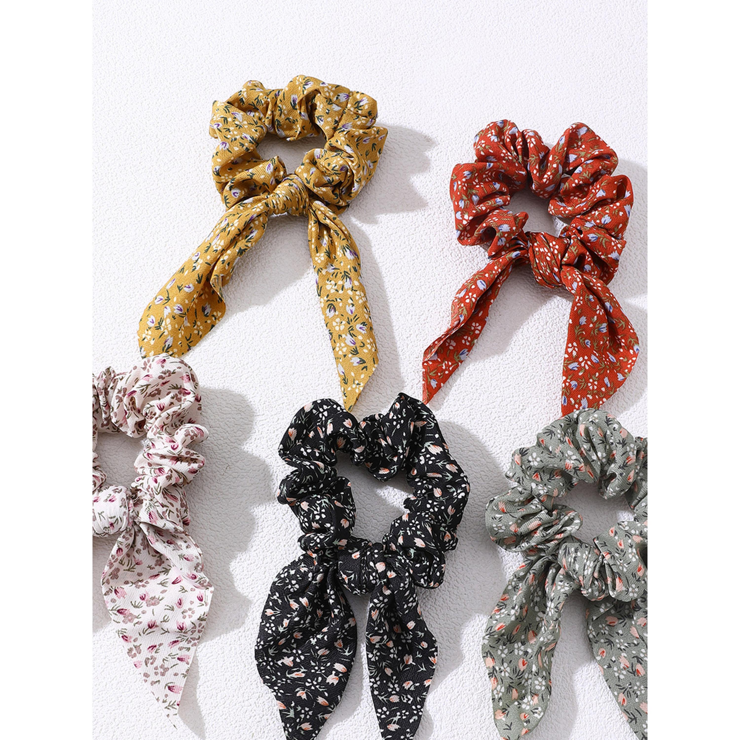 Take Two Pack of 5 - Floral Print Hair Scrunchies with Ribbon Ties-women-hairaccessories-scrunchies-image-2