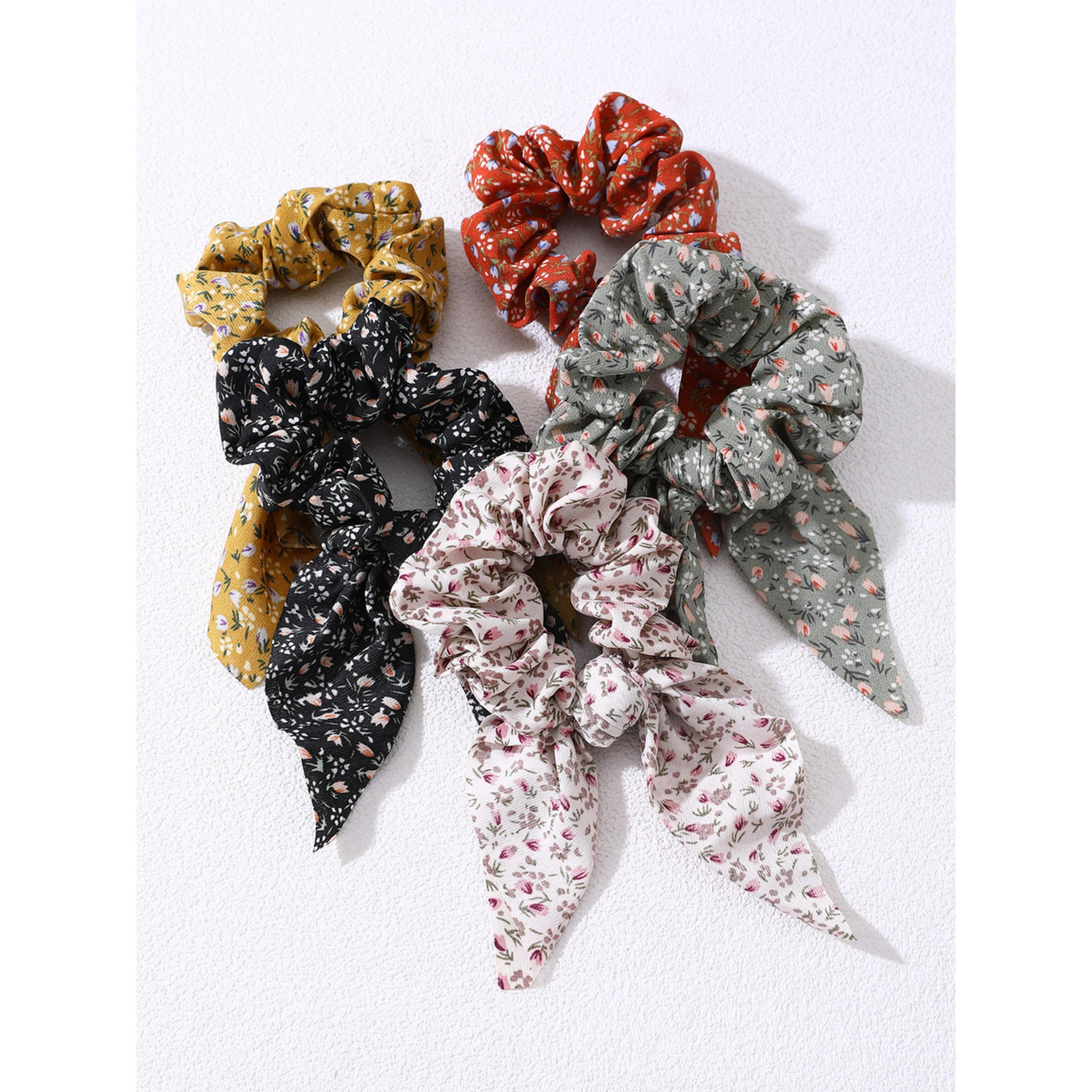 Take Two Pack of 5 - Floral Print Hair Scrunchies with Ribbon Ties-women-hairaccessories-scrunchies-image-3