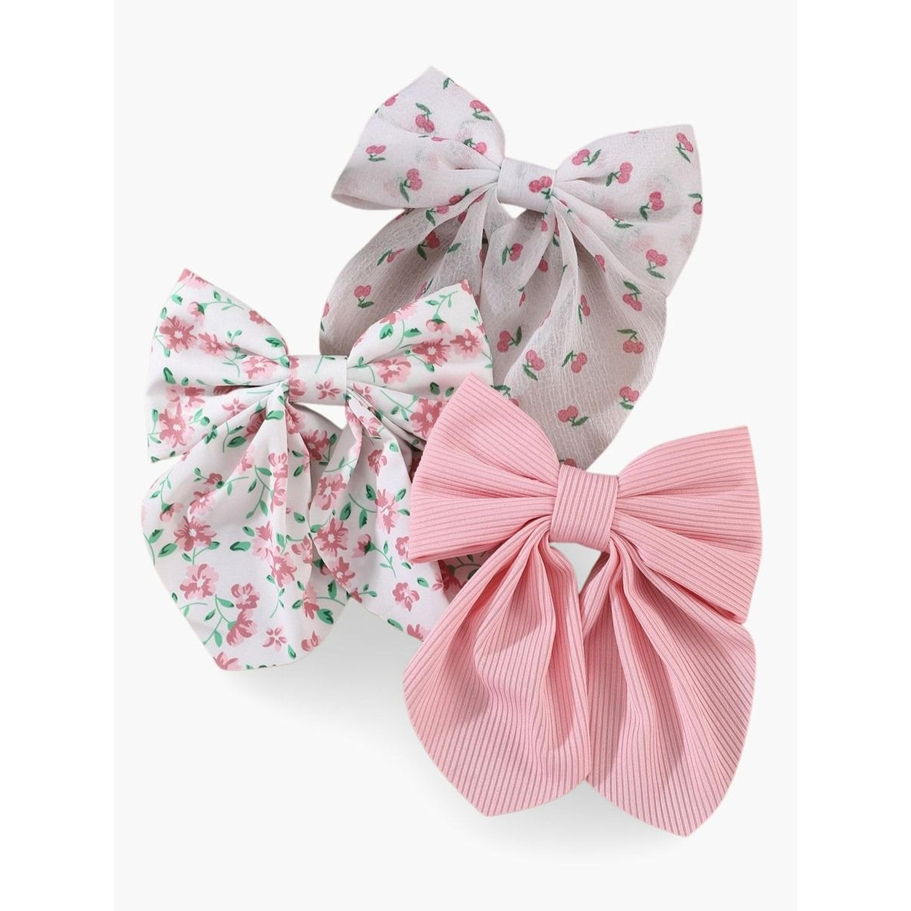 طقم مشابك شعر بفيونكة ونقشة زهور - 3 قطع-women-hairaccessories-clips-image-1