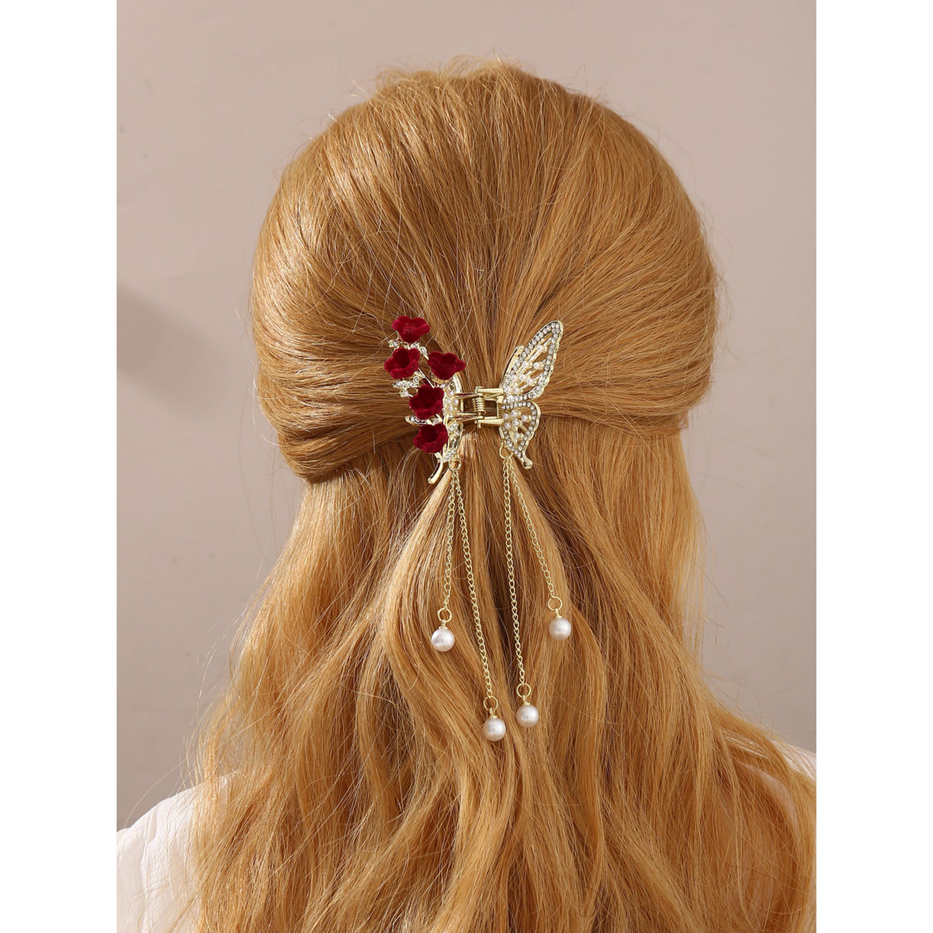 مشبك شعر بشكل فراشة مع لؤلؤ وراينستون-women-hairaccessories-clips-image-2