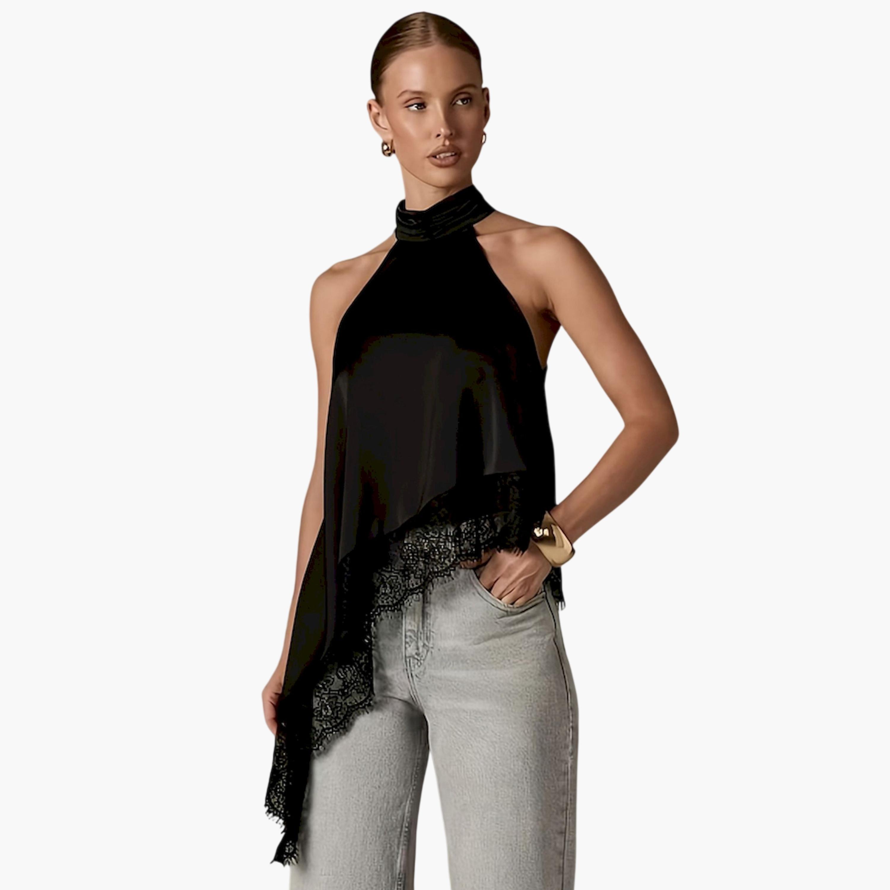 Take Two Black Brown Lace Trim Asymmetric Hem Top-women-clothing-shirtsandblouses-blouses-image-1