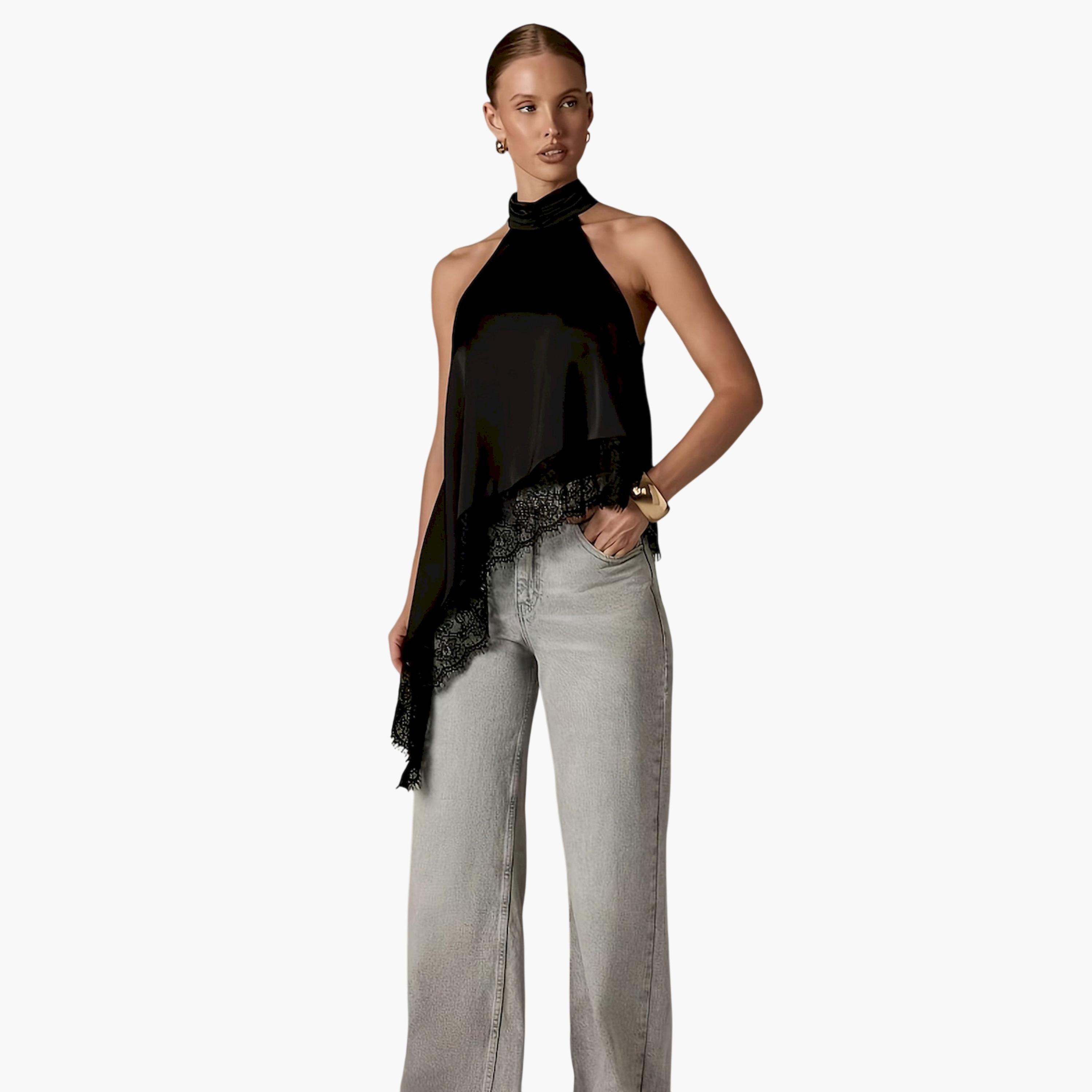 Take Two Black Brown Lace Trim Asymmetric Hem Top-women-clothing-shirtsandblouses-blouses-image-2