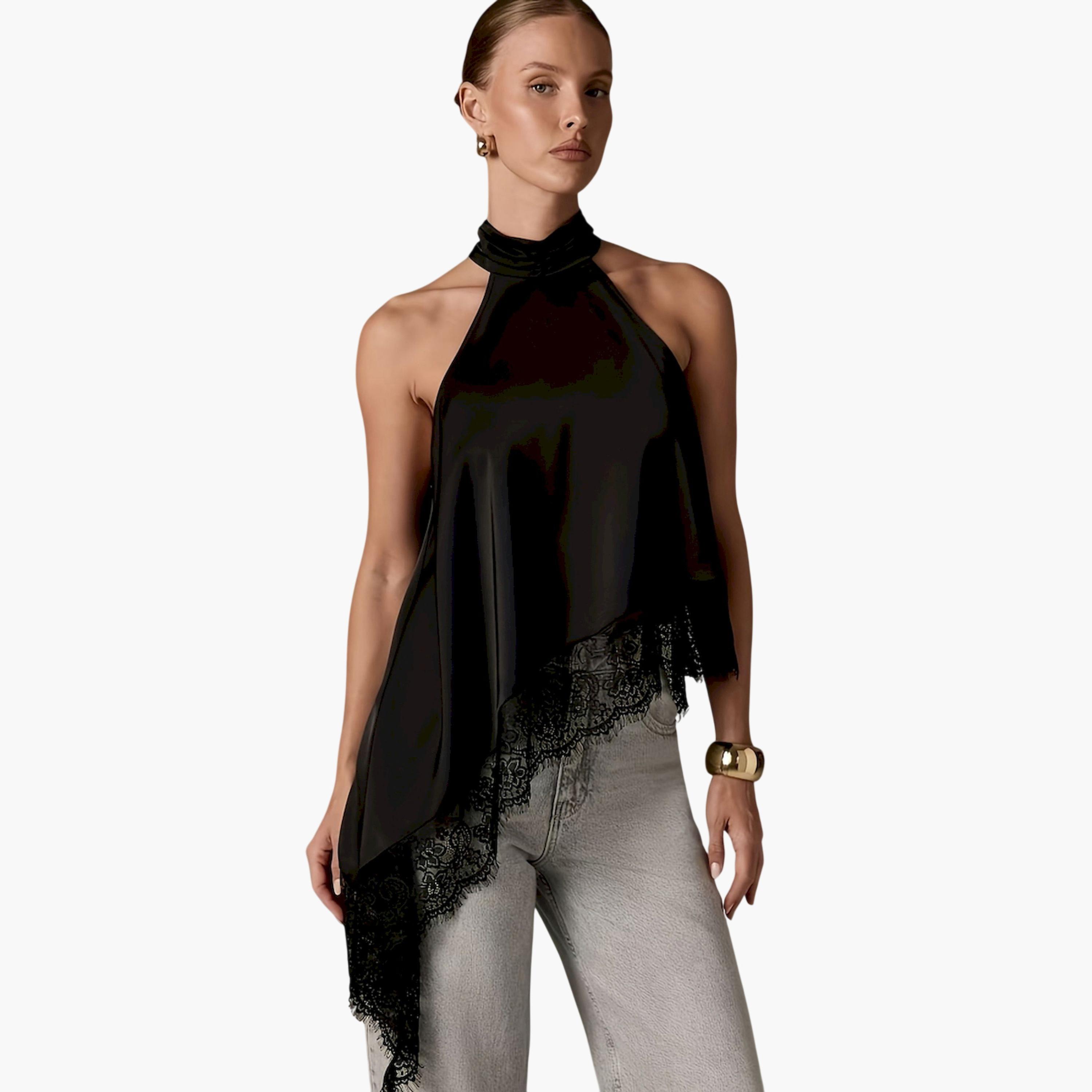 Take Two Black Brown Lace Trim Asymmetric Hem Top-women-clothing-shirtsandblouses-blouses-image-3