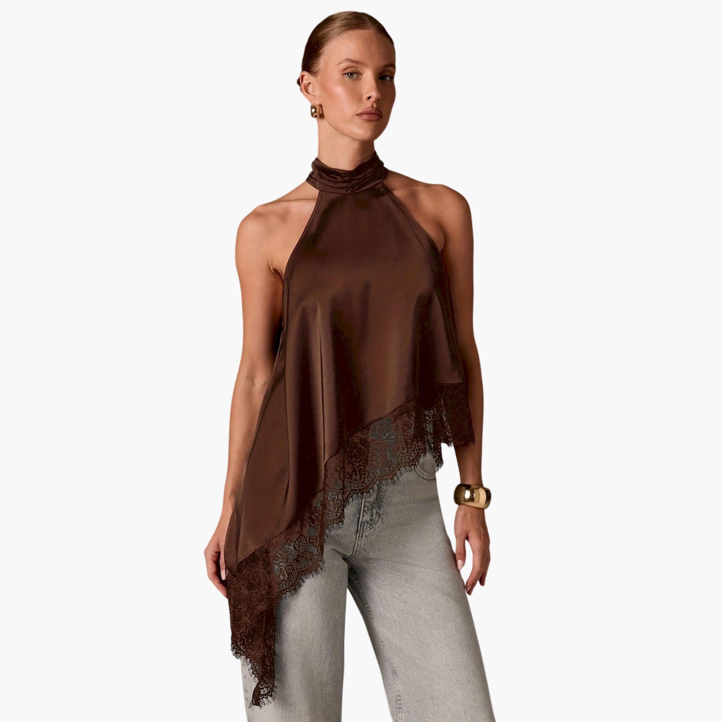 Take Two Brown Lace Trim Asymmetric Hem Top-women-clothing-shirtsandblouses-blouses-image-1