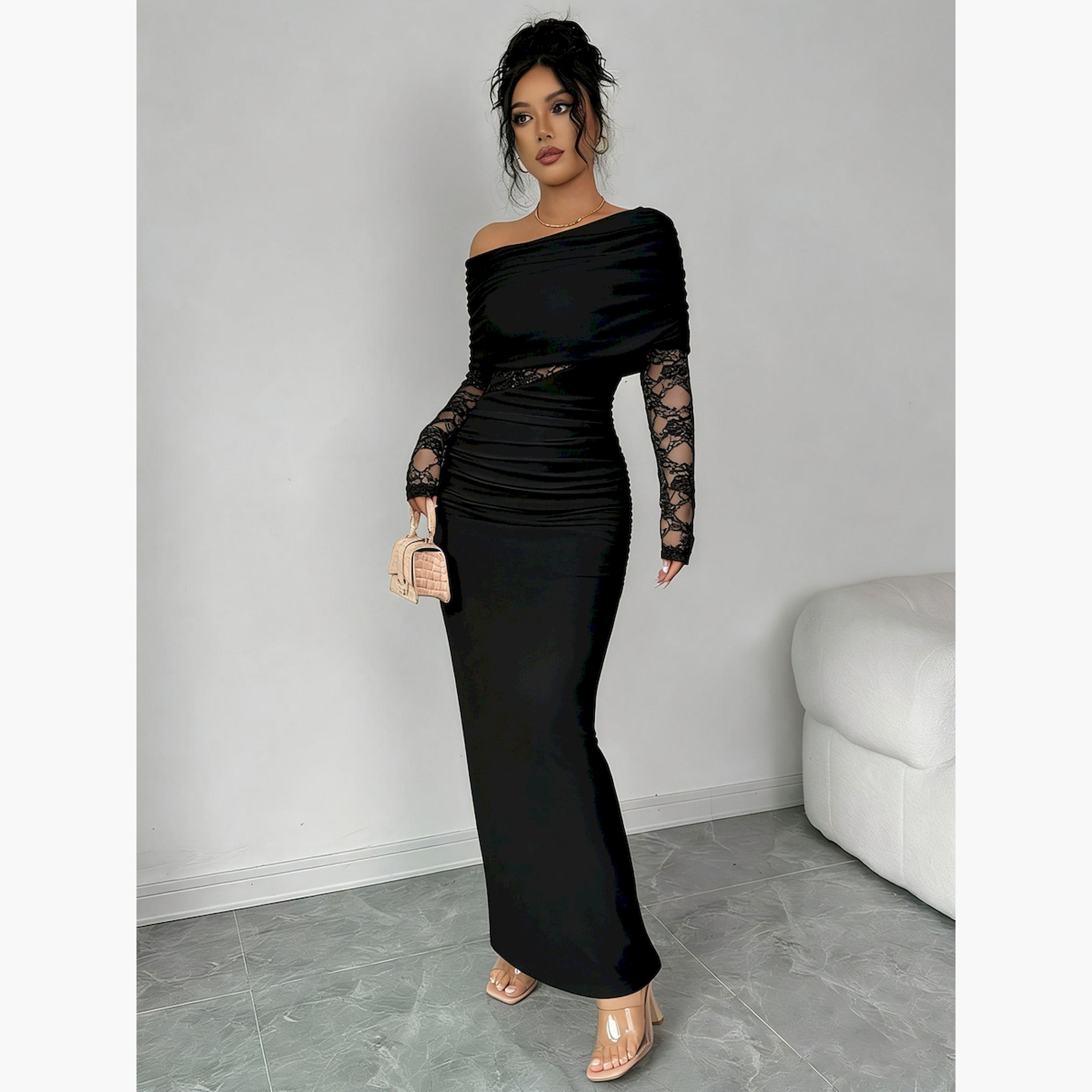 Take Two Black Lace Insert Ruched Bodycon Maxi Dress with Cape Overlay-women-clothing-dresses-image-1