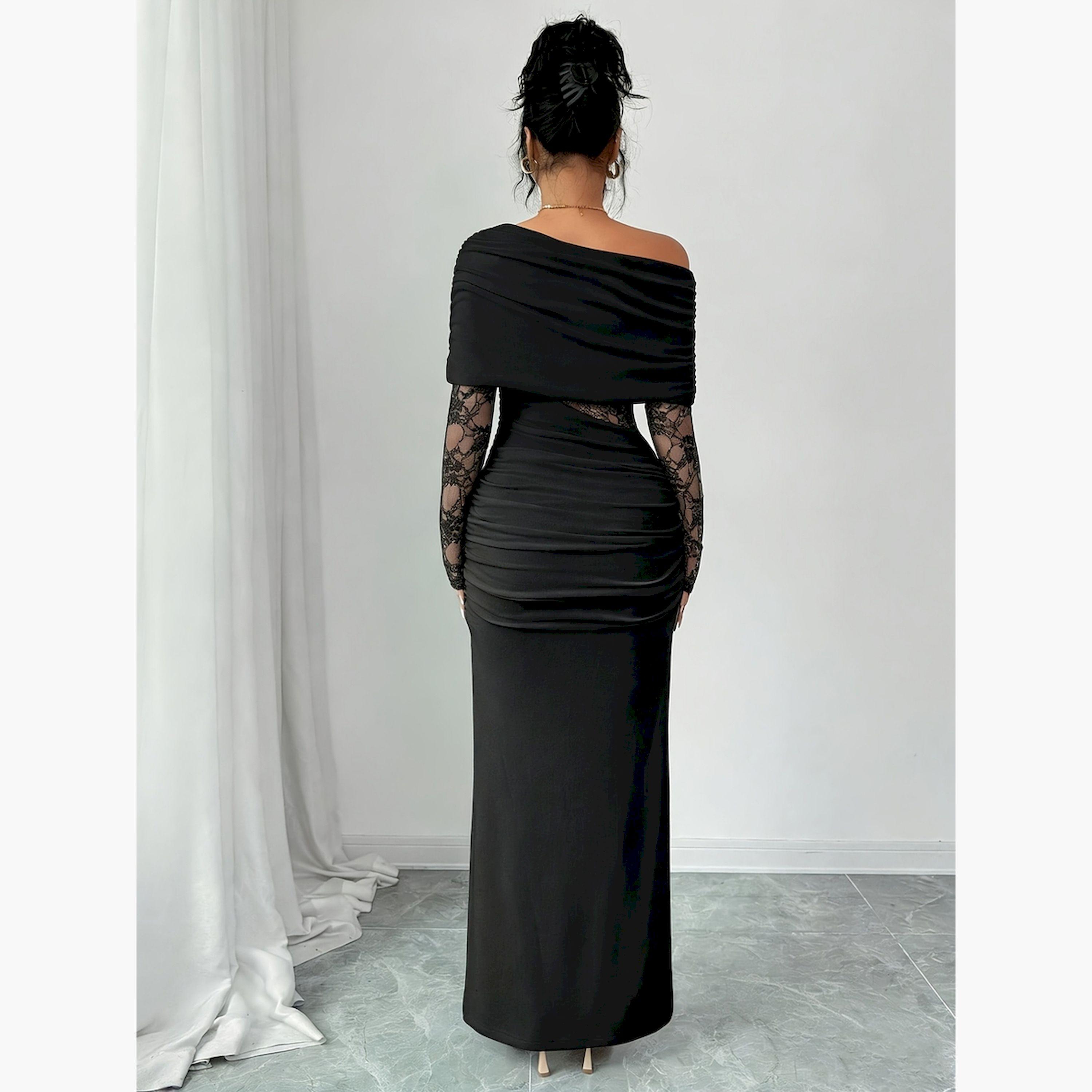 Take Two Black Lace Insert Ruched Bodycon Maxi Dress with Cape Overlay-women-clothing-dresses-image-2
