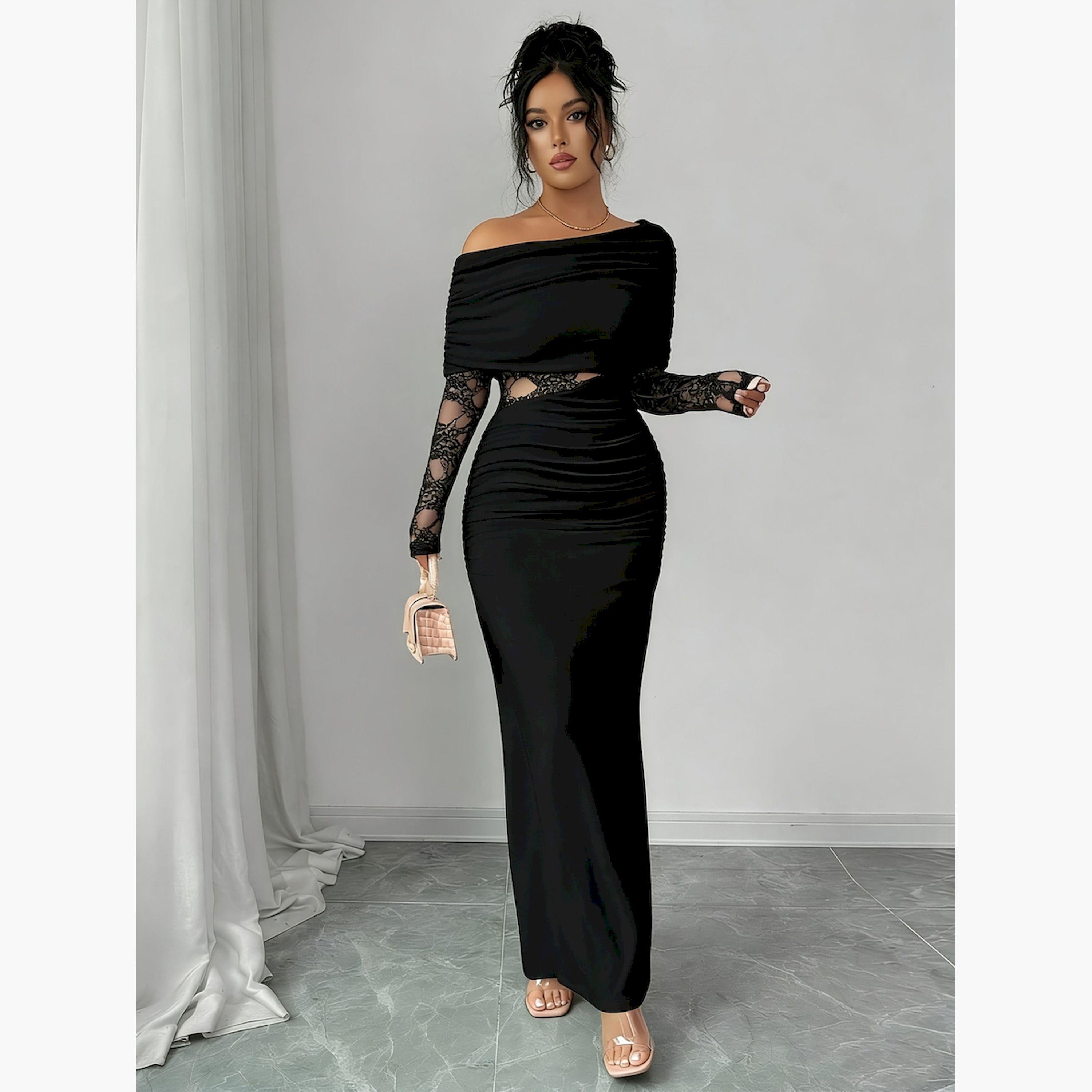 Take Two Black Lace Insert Ruched Bodycon Maxi Dress with Cape Overlay-women-clothing-dresses-image-3
