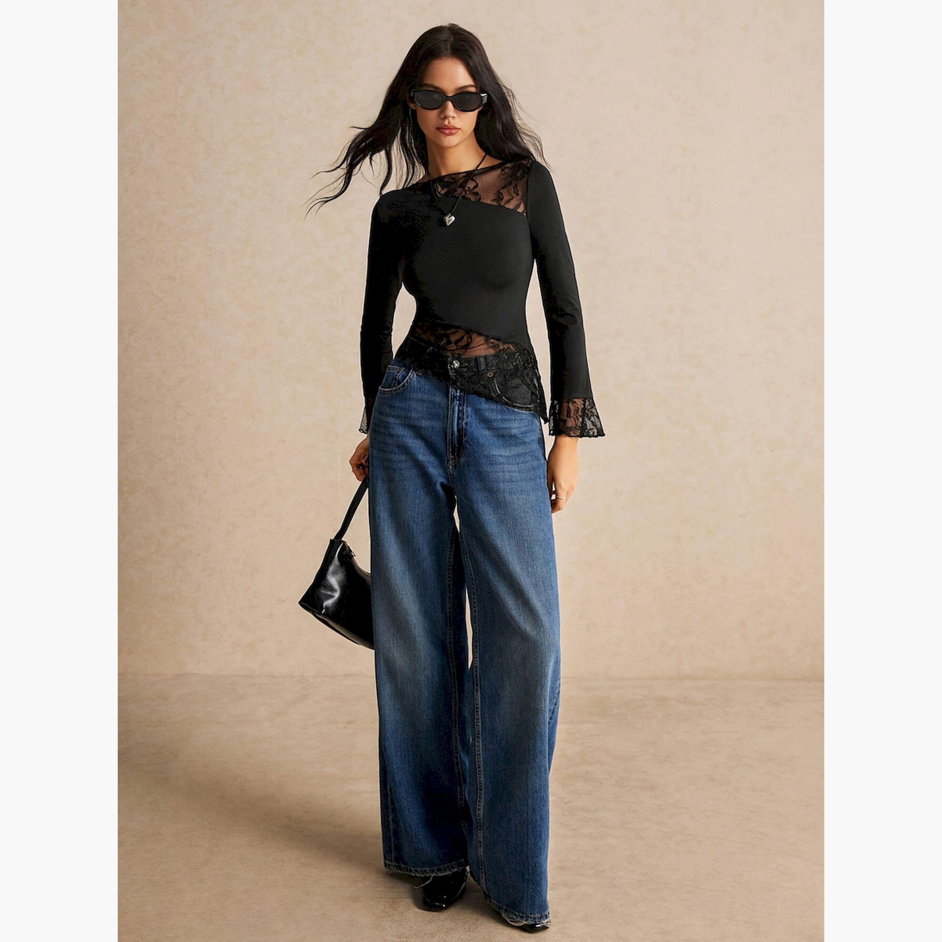 Take Two Black Solid Lace Insert Asymmetric Hem Top-women-clothing-shirtsandblouses-blouses-image-2