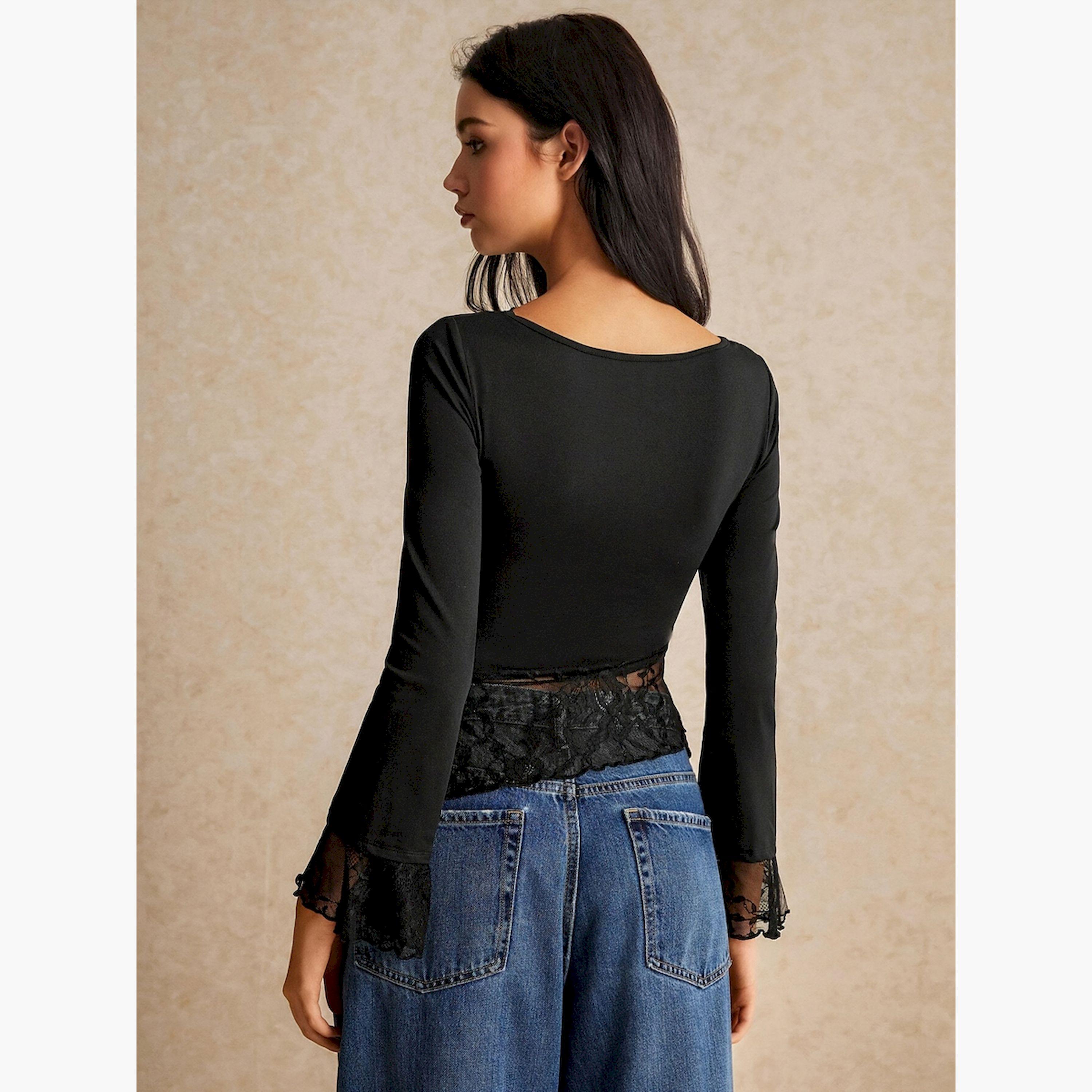 بلوزة سادة بحافة غير متماثلة وتفاصيل دانتيل-women-clothing-shirtsandblouses-blouses-image-4
