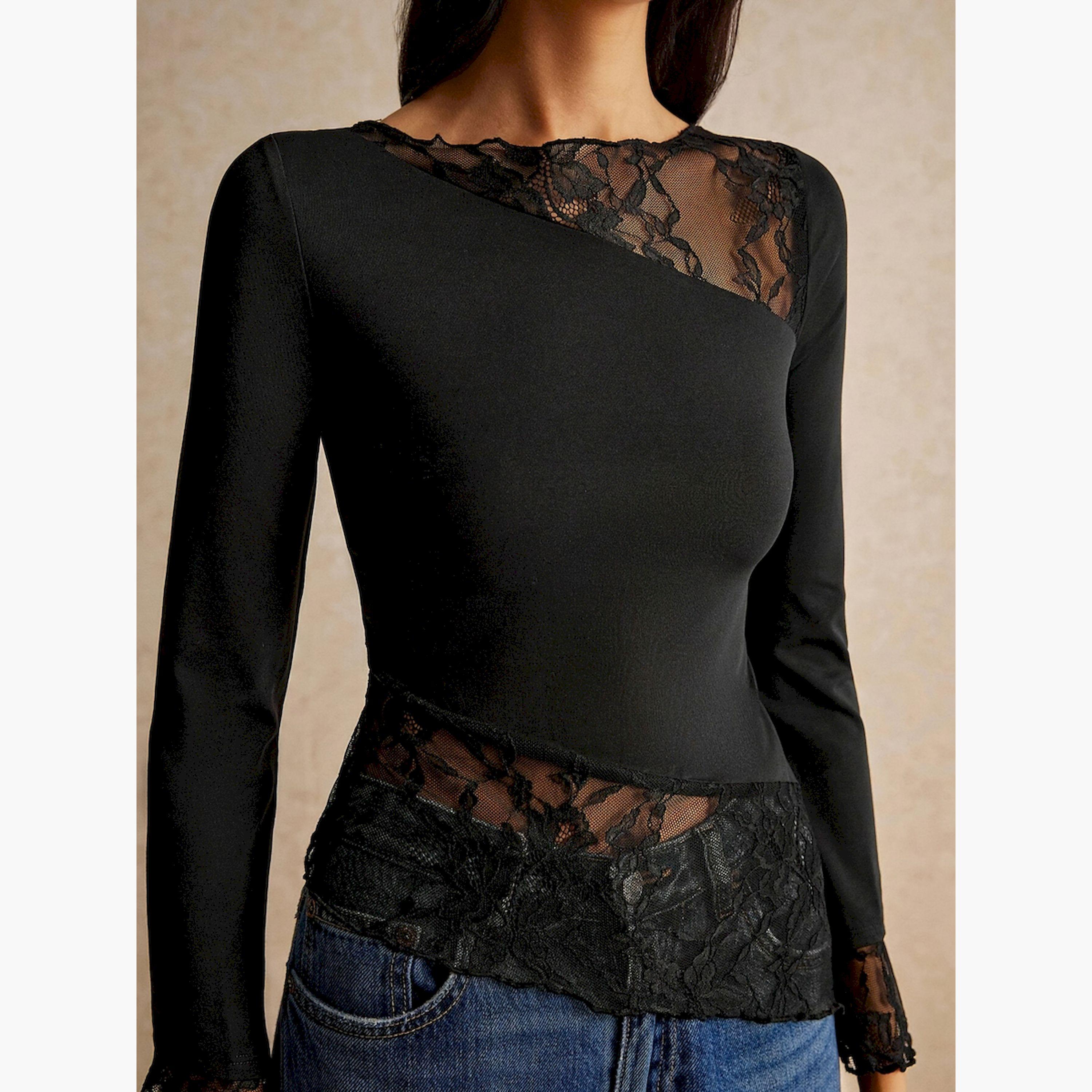 Take Two Black Solid Lace Insert Asymmetric Hem Top-women-clothing-shirtsandblouses-blouses-image-5